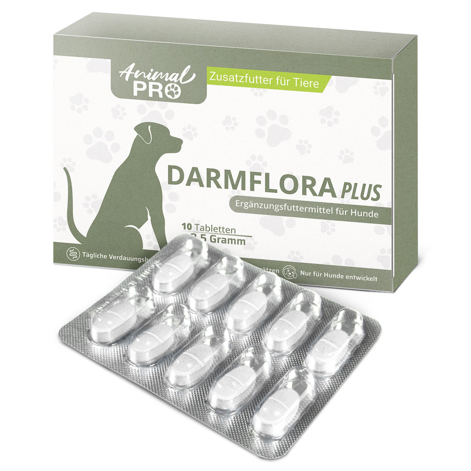 Packung Darmflora PLUS mit Blisterpackung mit Tabletten. Text: Animal Pro, Darmflora PLUS, Zusatzfutter für Tiere. 10 Tabletten.
