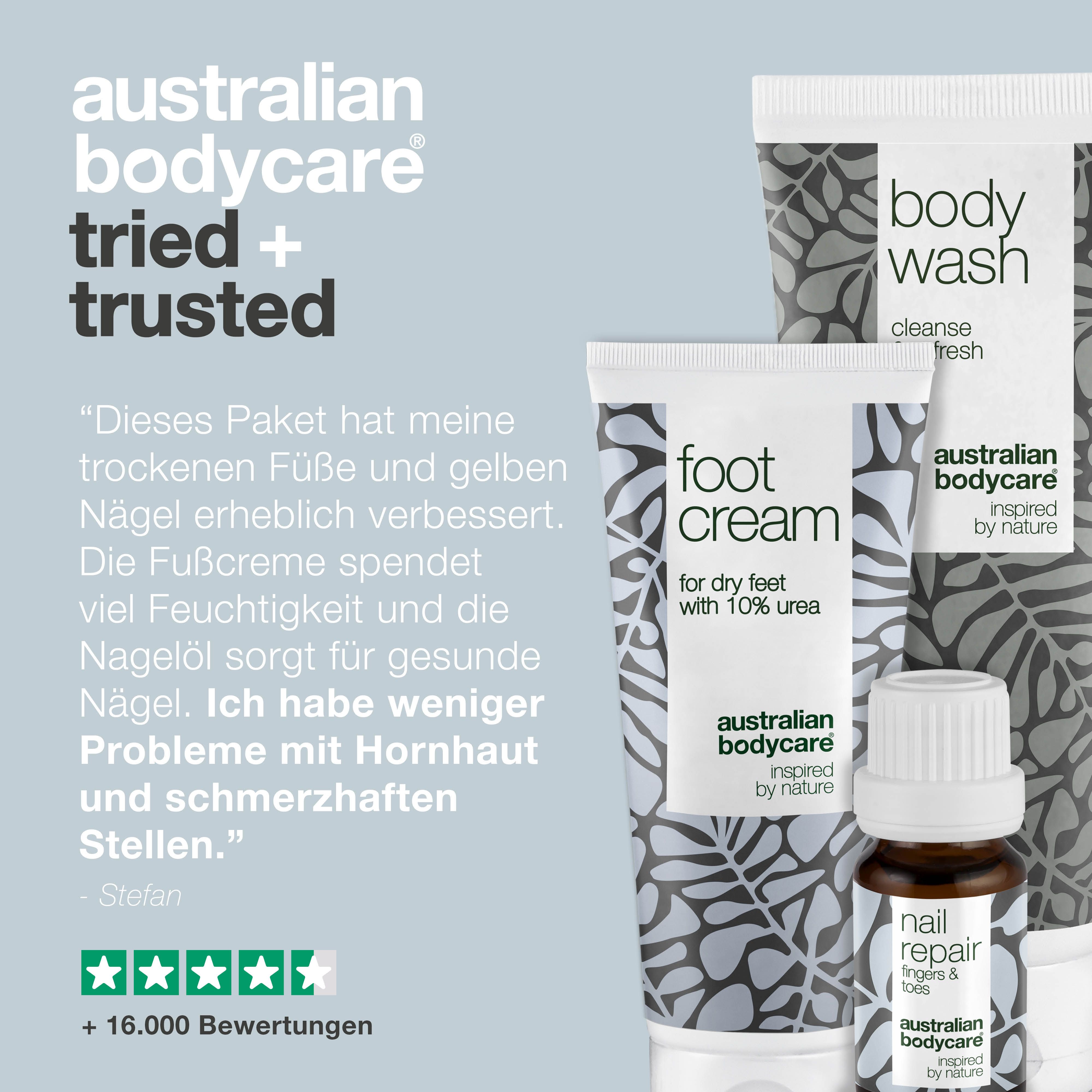 Fußcreme, Body Wash und Nagelreparatur-Öl. Text: Getestet und bestätigt. +16.000 Bewertungen.
