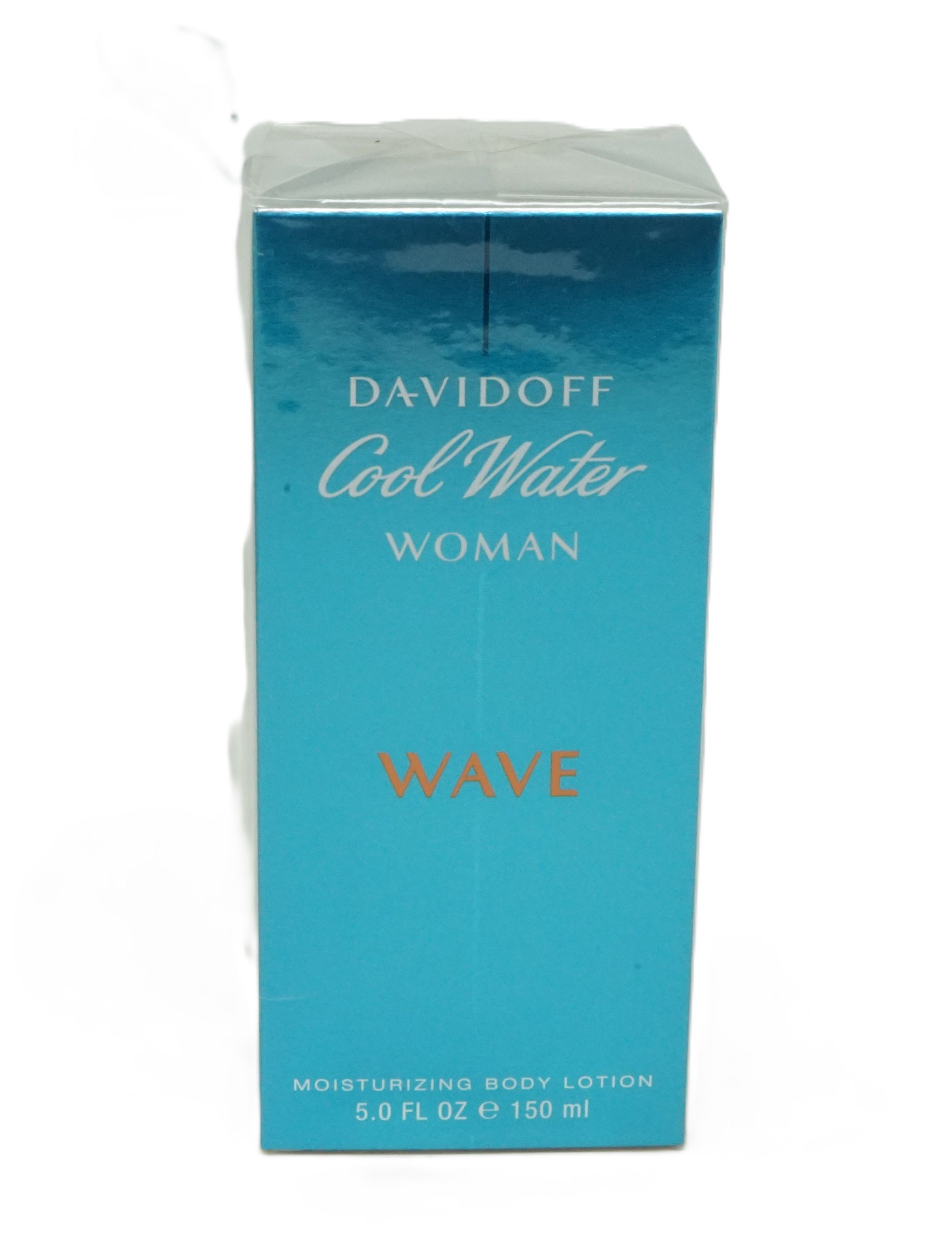 Davidoff Cool Water Woman Wave Body Lotion. Rechteckige Verpackung, blau-türkis. Schriftzug und Produktbezeichnung. 5.0 FL OZ e 150 ml.