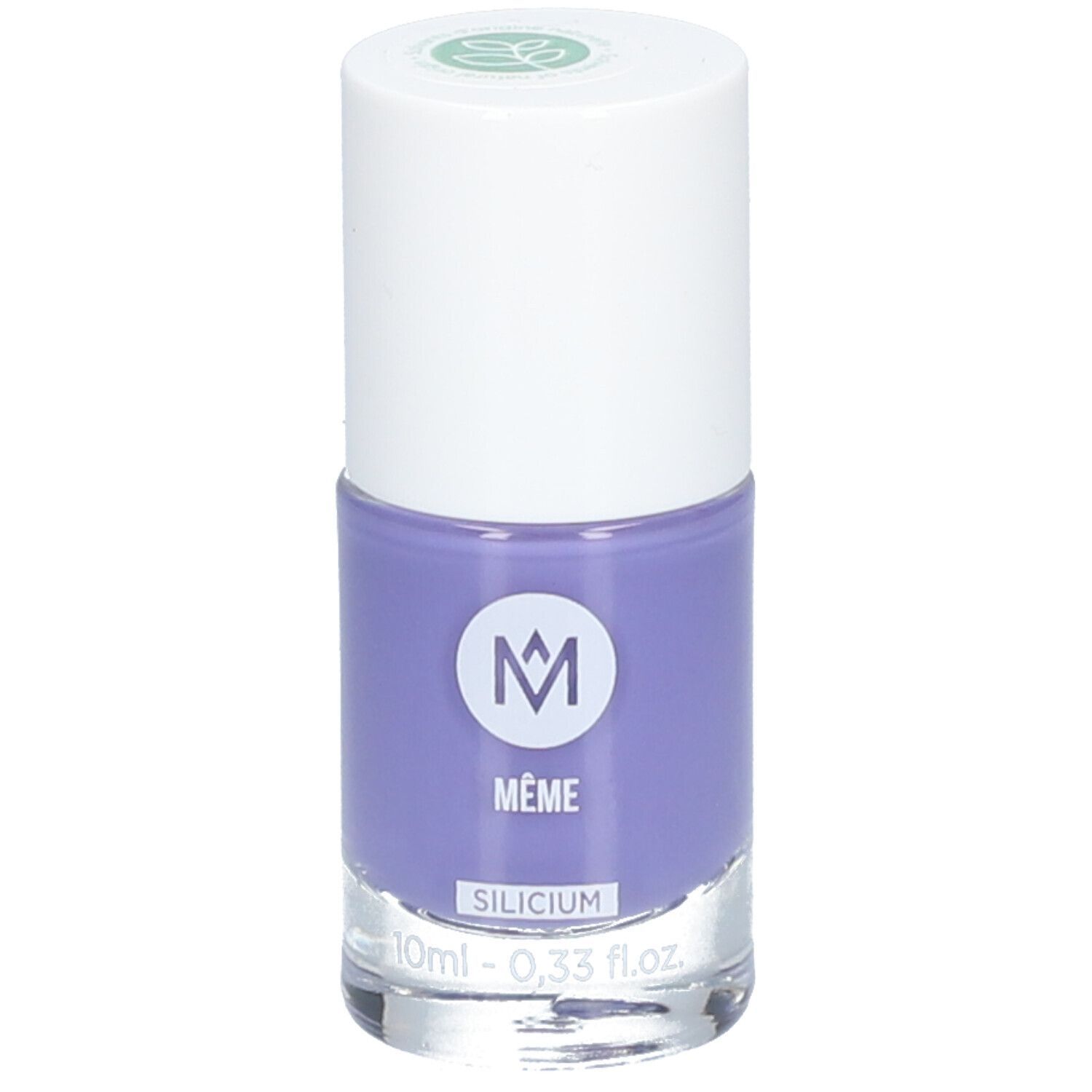 Nagellackflasche, pervanche-blaue Farbe. Weißer Deckel. Logo 'MÊME' und 'SILICIUM' sichtbar.