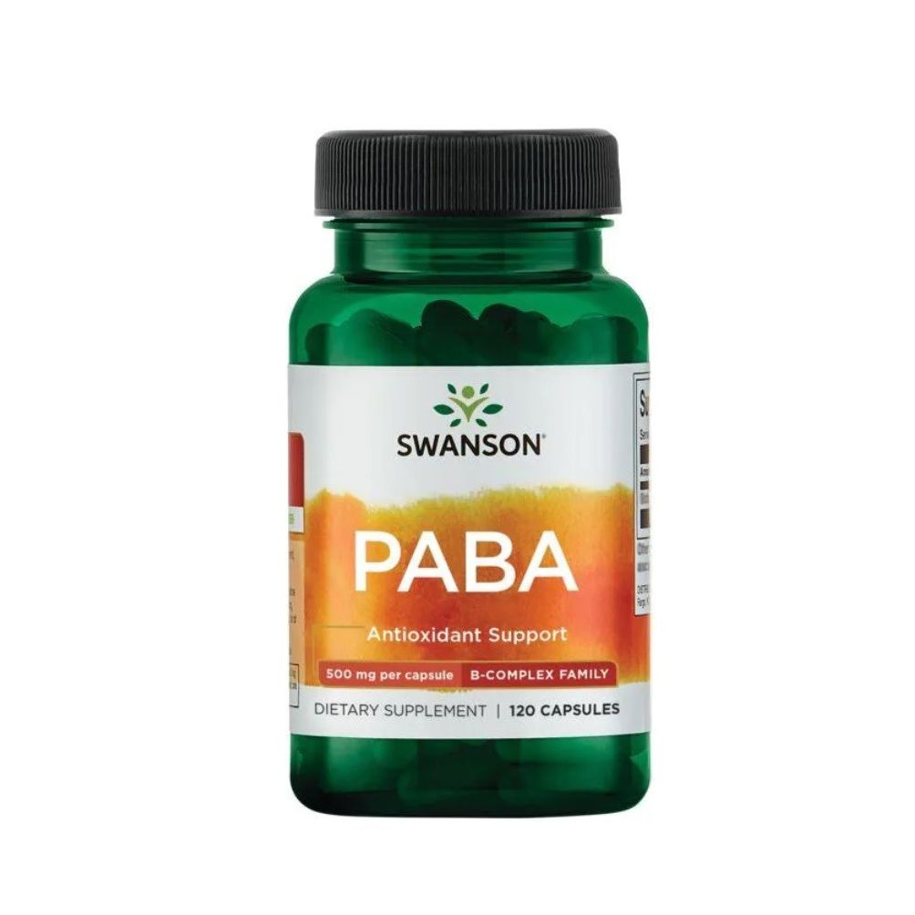 Grüne Flasche mit schwarzen Deckel. Auf dem Etikett steht "SWANSON PABA Antioxidant Support". Enthält 120 Kapseln.