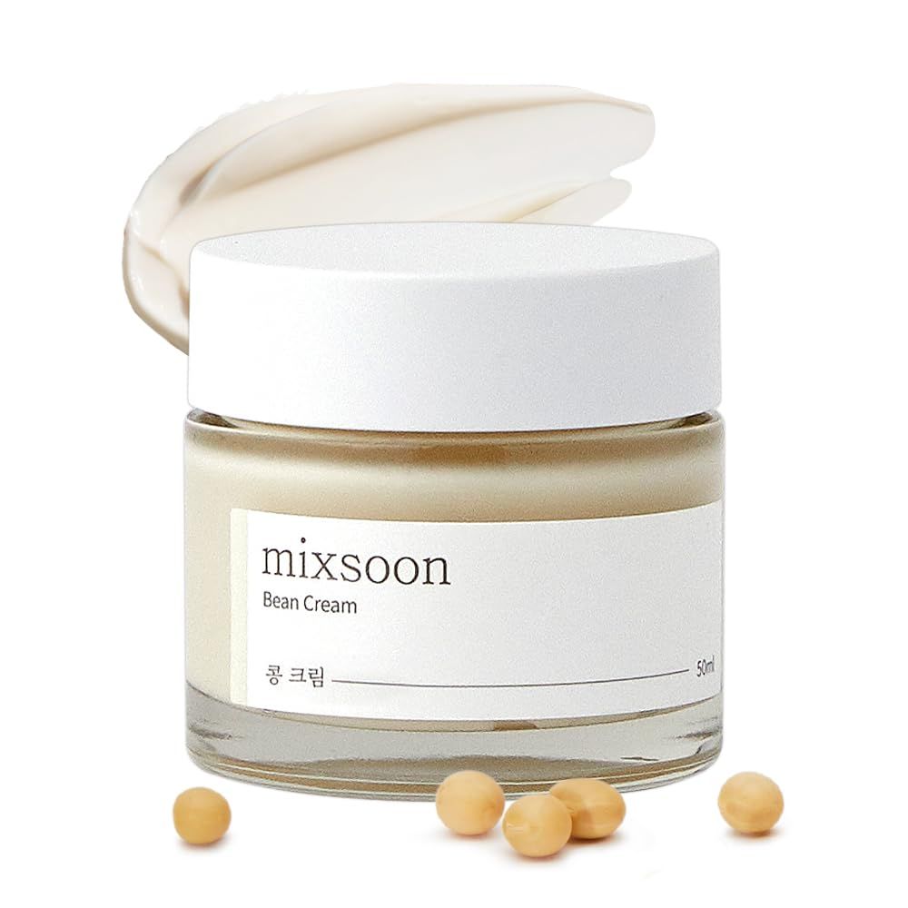 Cremebehälter mit Deckel. Aufschrift: mixsoon Bean Cream. Daneben ein Klecks Creme und Sojabohnen.