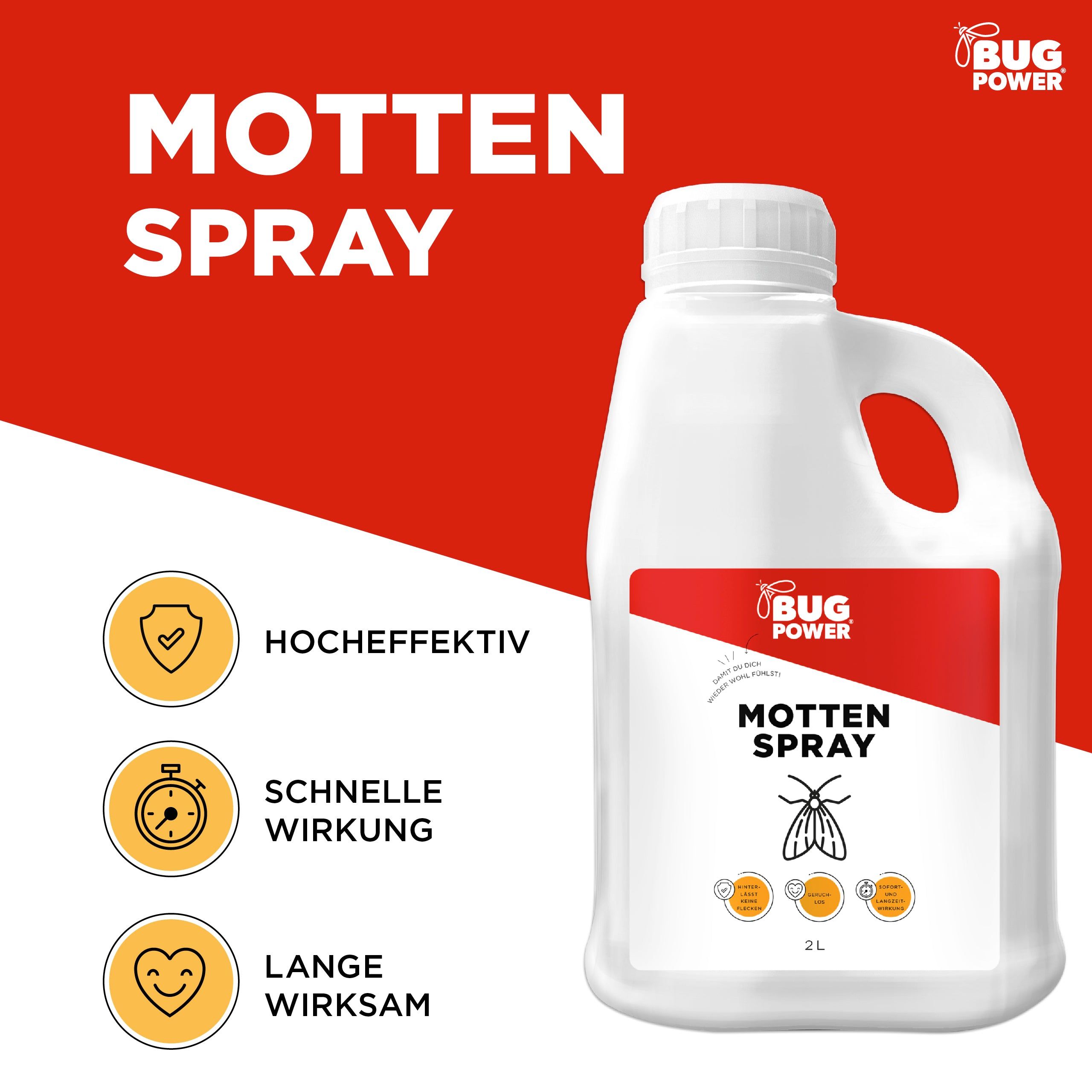 Roter Hintergrund mit weißer Flasche. Aufschrift: MOTTTEN SPRAY. Logo: BUG POWER. 2L. Text: Hocheffektiv, schnelle Wirkung, lange wirksam.