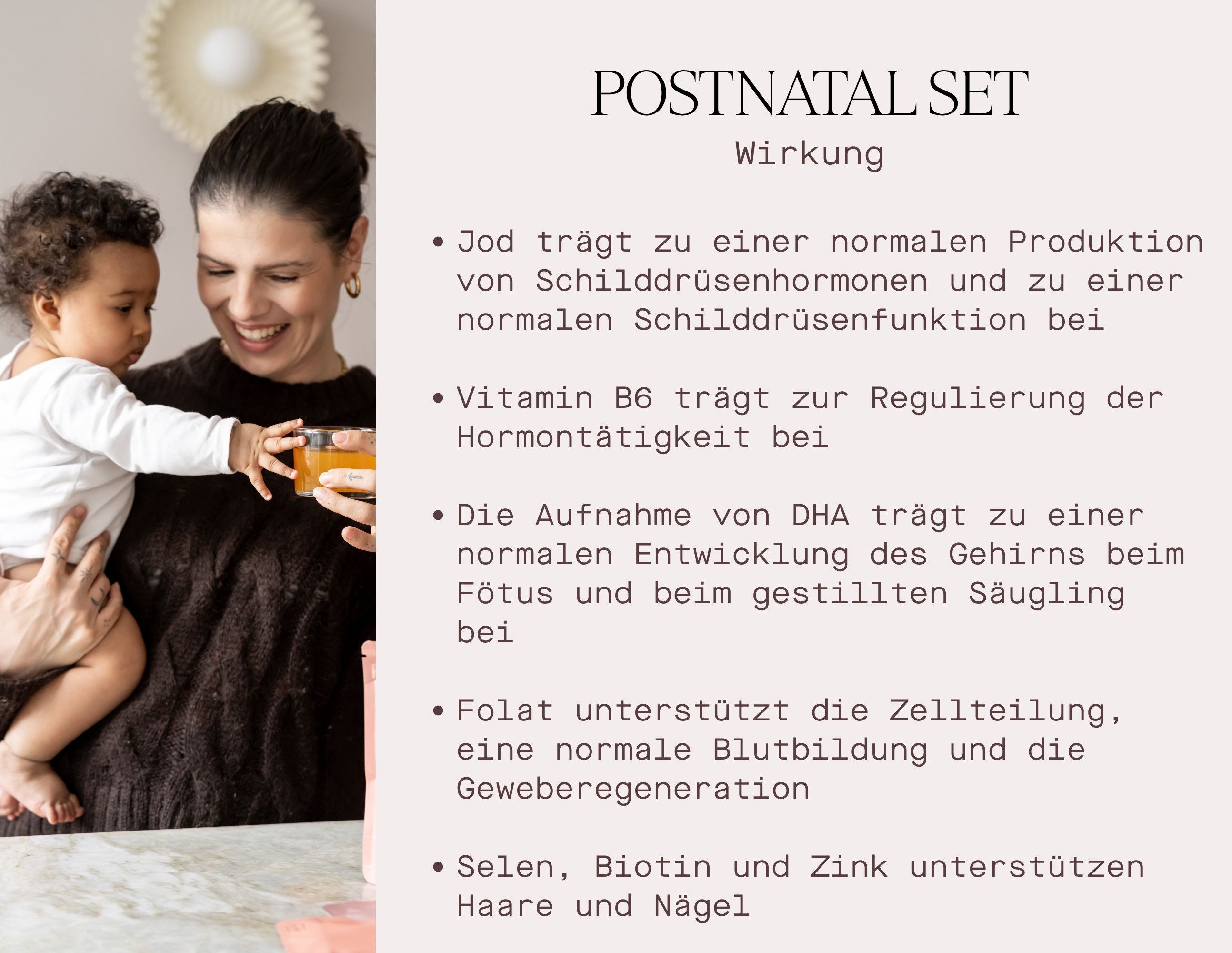 Infografik: Wirkung des Postnatal Set. Text mit Aufzählungspunkten über die Vorteile.