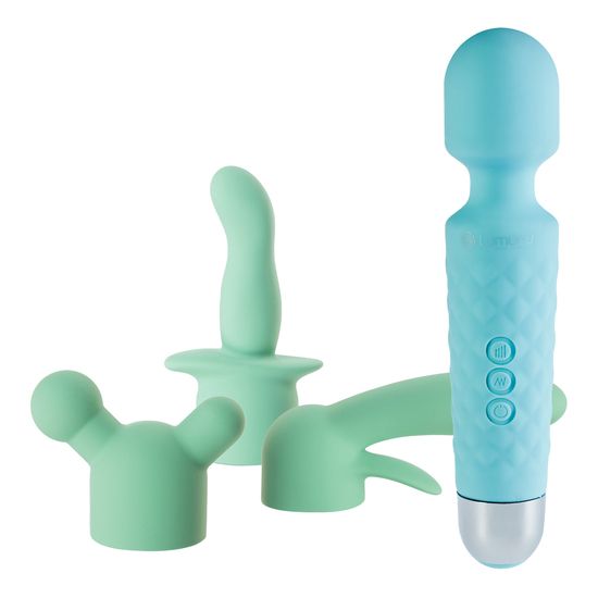 Blauer Mini-Wand-Massager mit drei Aufsätzen. Der Massager hat Knöpfe und eine silberne Spitze. Aufsätze in Mintgrün.