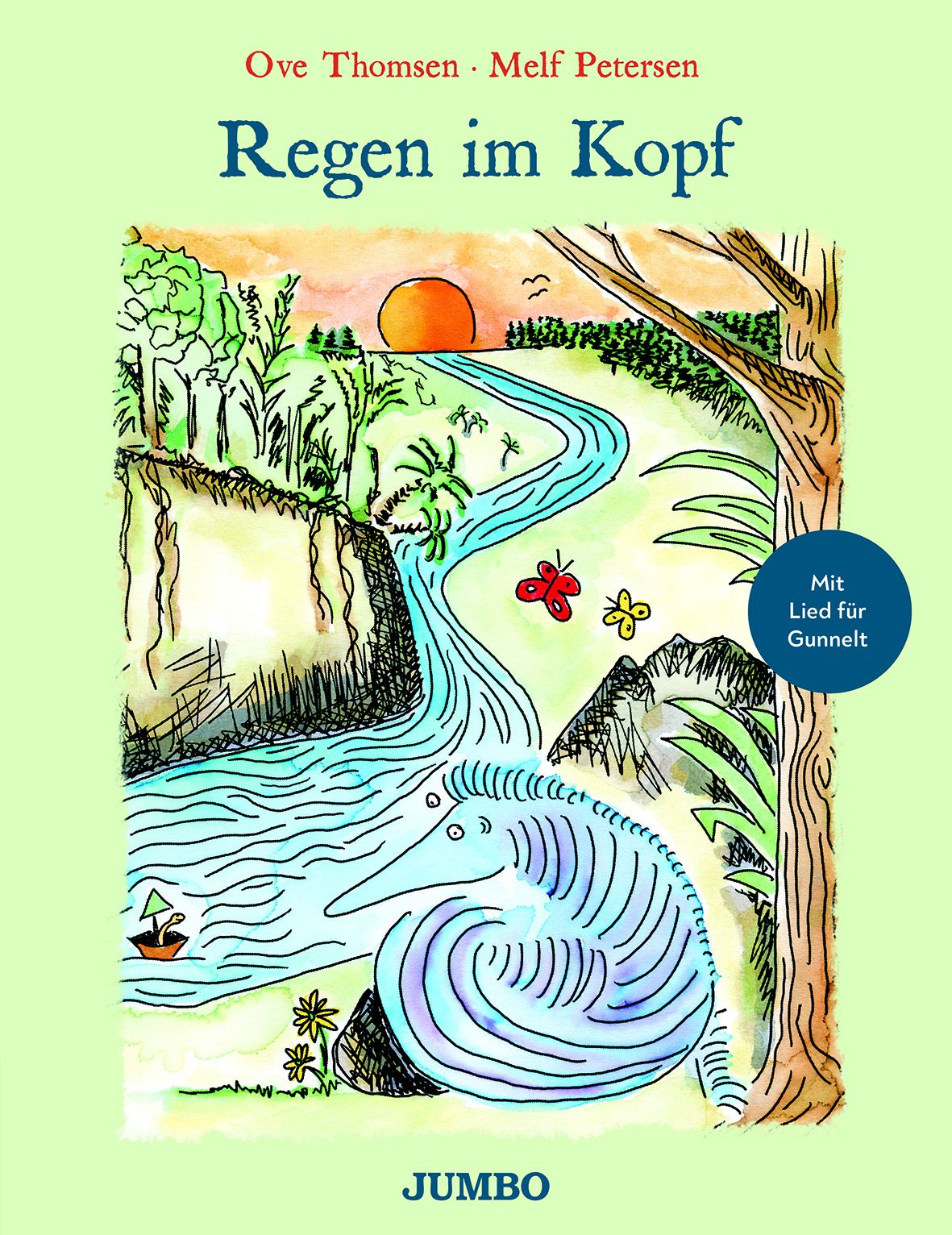 Buchcover mit Illustration. Titel: Regen im Kopf. Autoren: Ove Thomsen, Melf Petersen. Logo: JUMBO. Mit Lied für Gunnel. Szene: Fluss, Sonne, Tier.