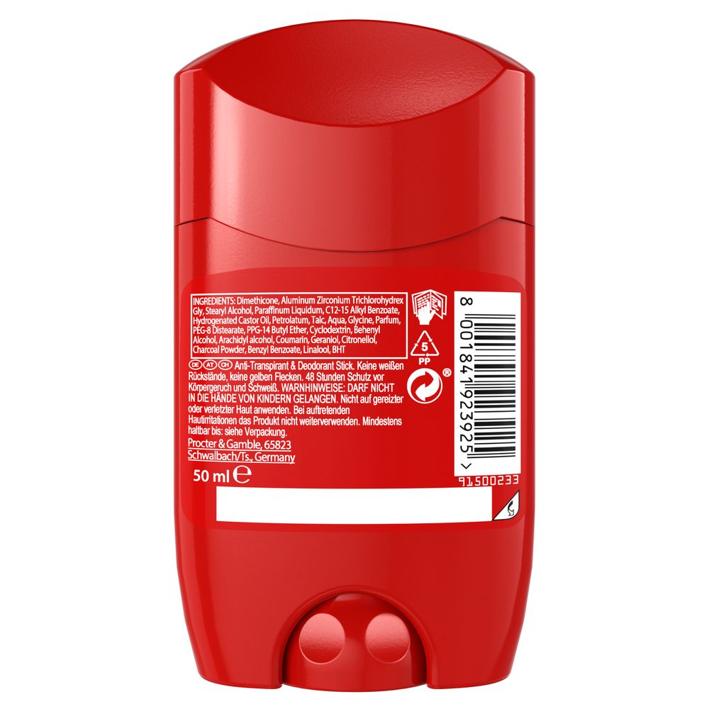 Roter Deo-Stick. Rückseite mit Inhaltsstoffen, Warnhinweisen und Barcode. 50 ml.