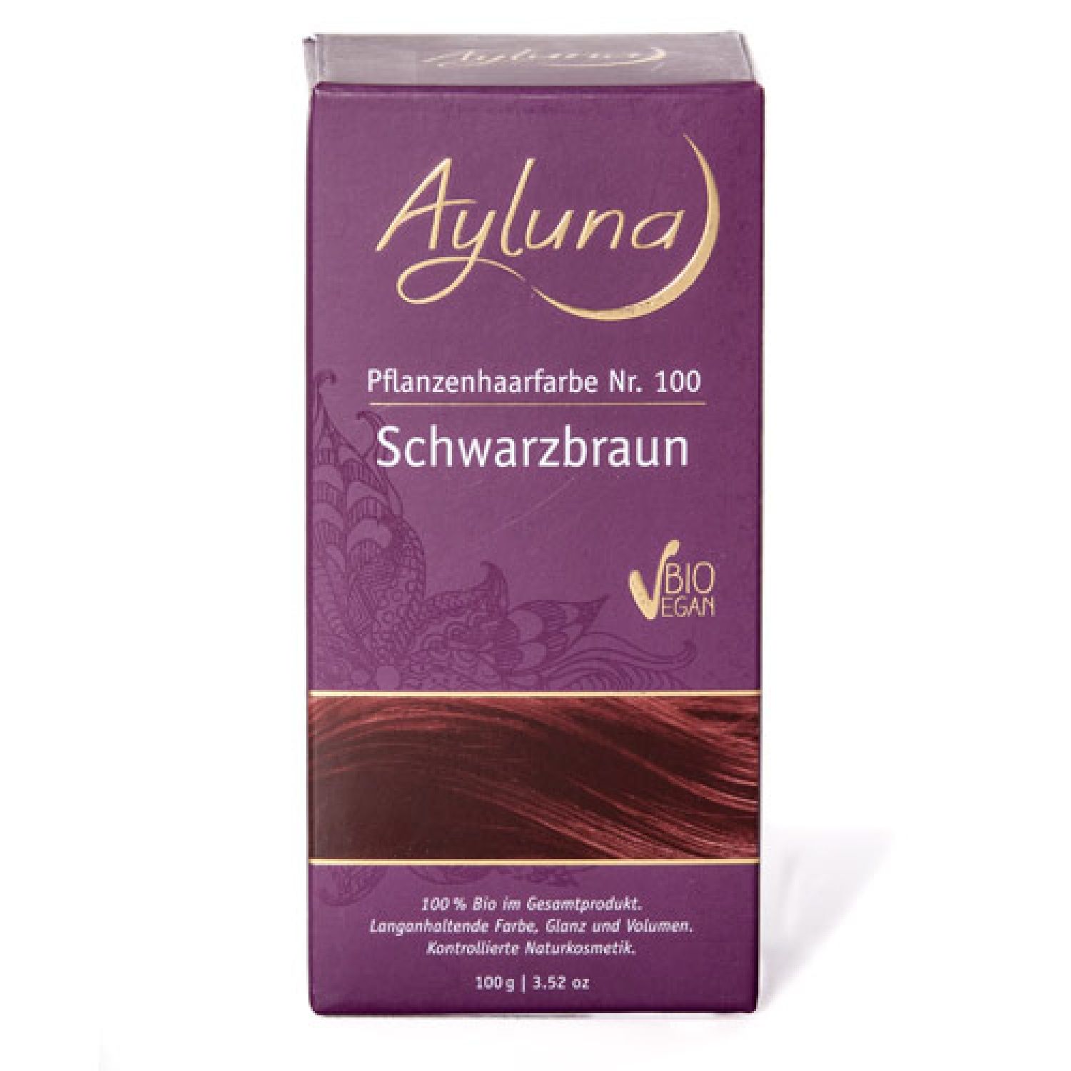 Verpackung von Ayluna Pflanzenhaarfarbe Nr. 100 Schwarzbraun. Mit Bio-Vegan-Siegel. Text: 100 % Bio im Gesamtprodukt.