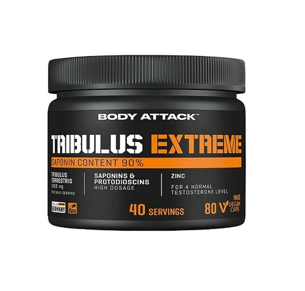Schwarze Dose mit Aufschrift BODY ATTACK TRIBULUS EXTREME. Enthält 40 Portionen. Mit Saponinen, Zink und veganen Kapseln.