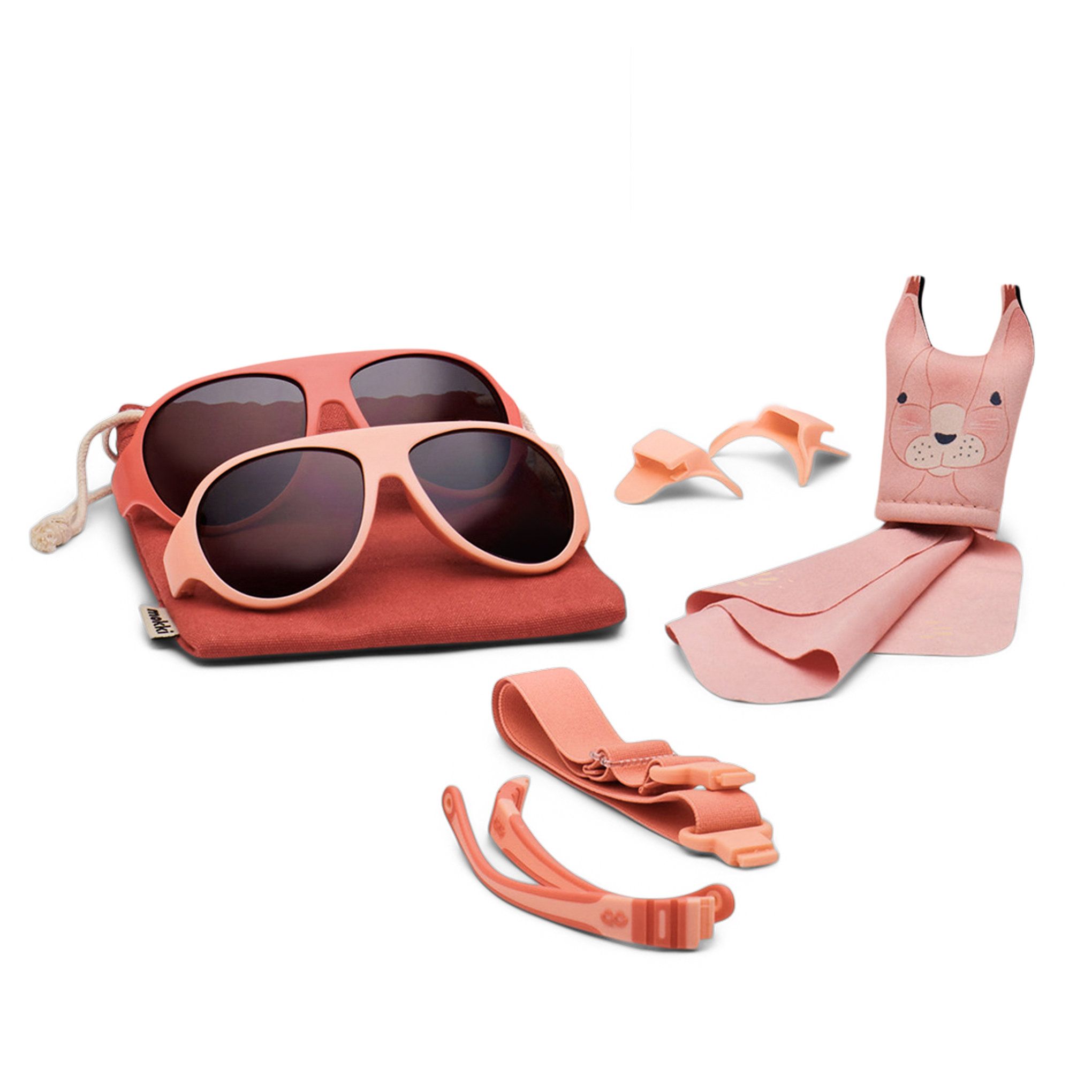 Sonnenbrille, Etui, Brillenband, Ersatzbügel, Brillenputztuch. Rosa Sonnenbrille mit Zubehör.
