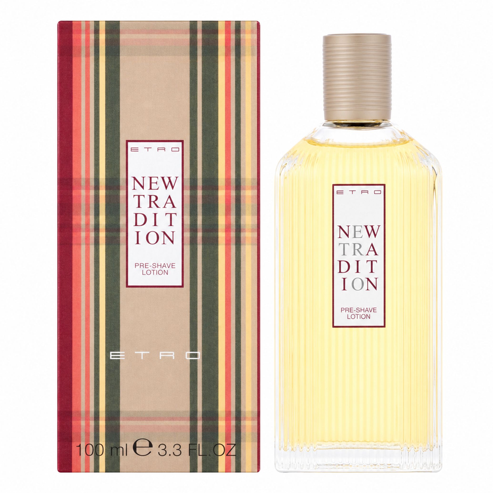 Etro New Tradition Pre Shave Lotion Flakon und Verpackung mit Streifenmuster.