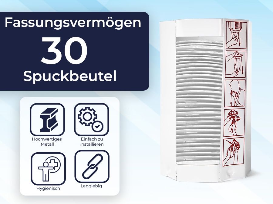 Weißer Spender für Spuckbeutel mit 30 Beuteln. Aufschrift: Fassungsvermögen. Symbole: Metall, Installation, Hygiene, Langlebigkeit.