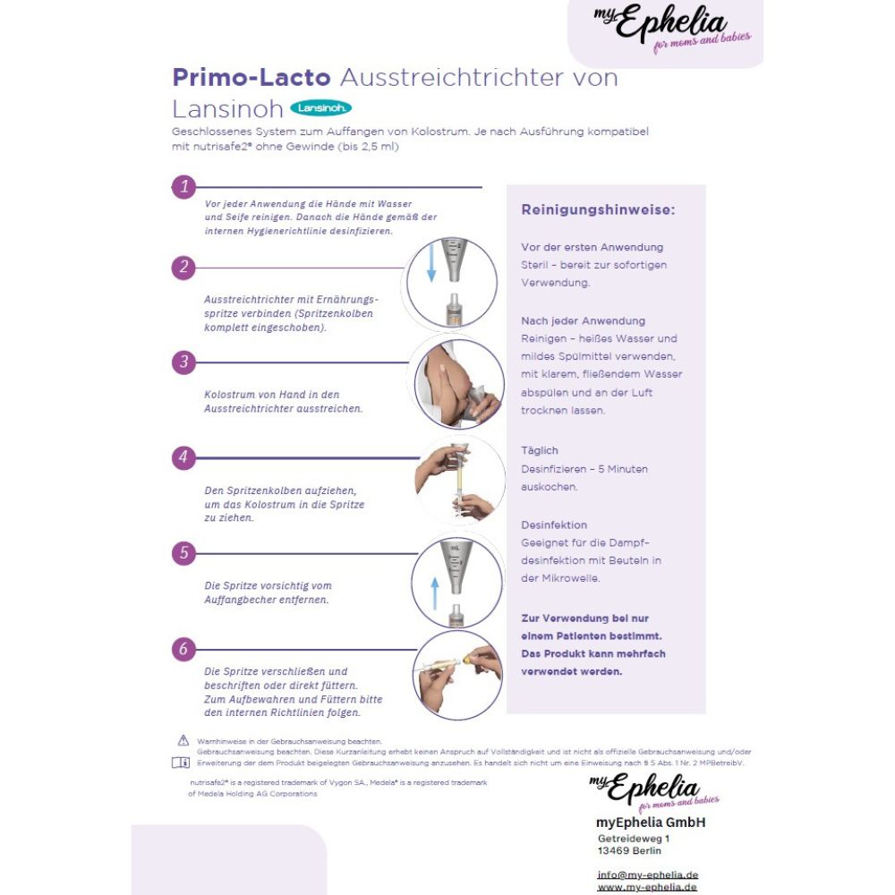 Anleitung für Primo-Lacto Ausstreichtrichter. Text und Illustrationen. myEphelia, Lansinoh.