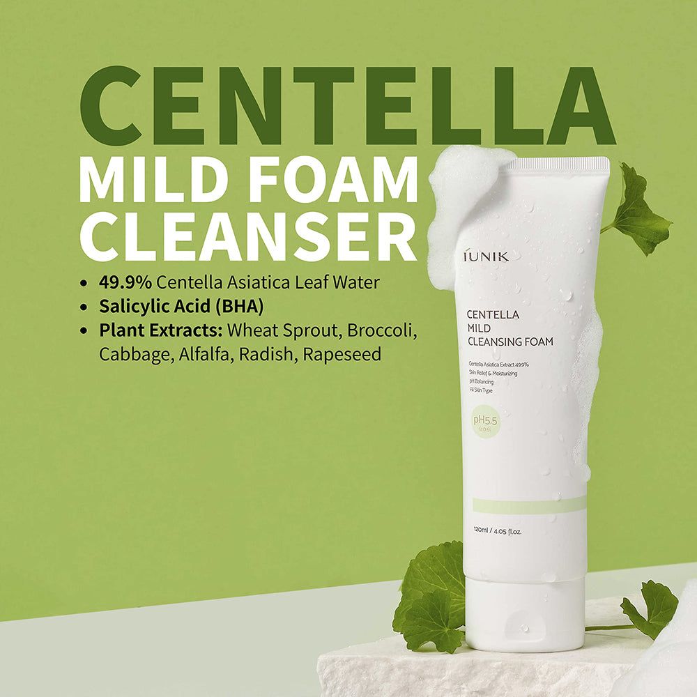 Centella Mild Foam Cleanser Tube mit Schaum und Centella-Blättern. Enthält 49,9% Centella Asiatica Blattwasser und pflanzliche Extrakte.