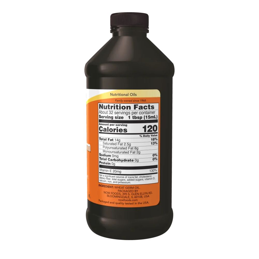 Braune Flasche mit orangefarbenem Etikett. Nährwertangaben: Kalorien, Fett, Vitamin E. Marke: NOW. Enthält Weizenkeimöl. 120 Kalorien pro Portion.