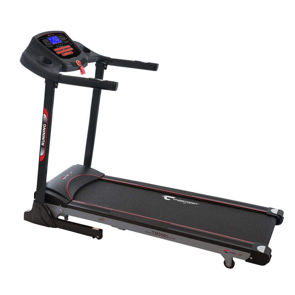 Laufband TM 550S. Schwarzes Laufband mit roter Akzentlinie. Digitalanzeige. Schwarze Armlehnen.
