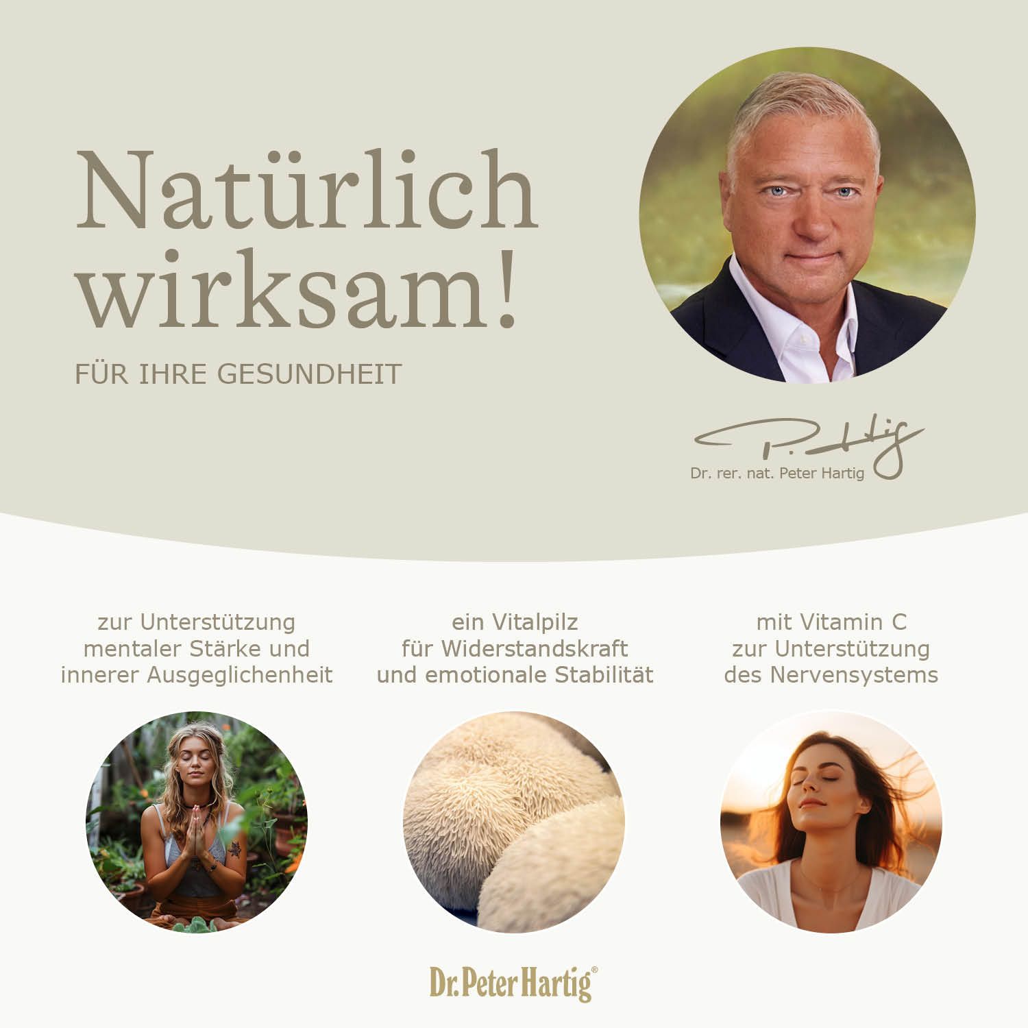 Kreisförmige Grafik mit Porträt von Peter Hartig und Texten über Gesundheit und Inhaltsstoffe.