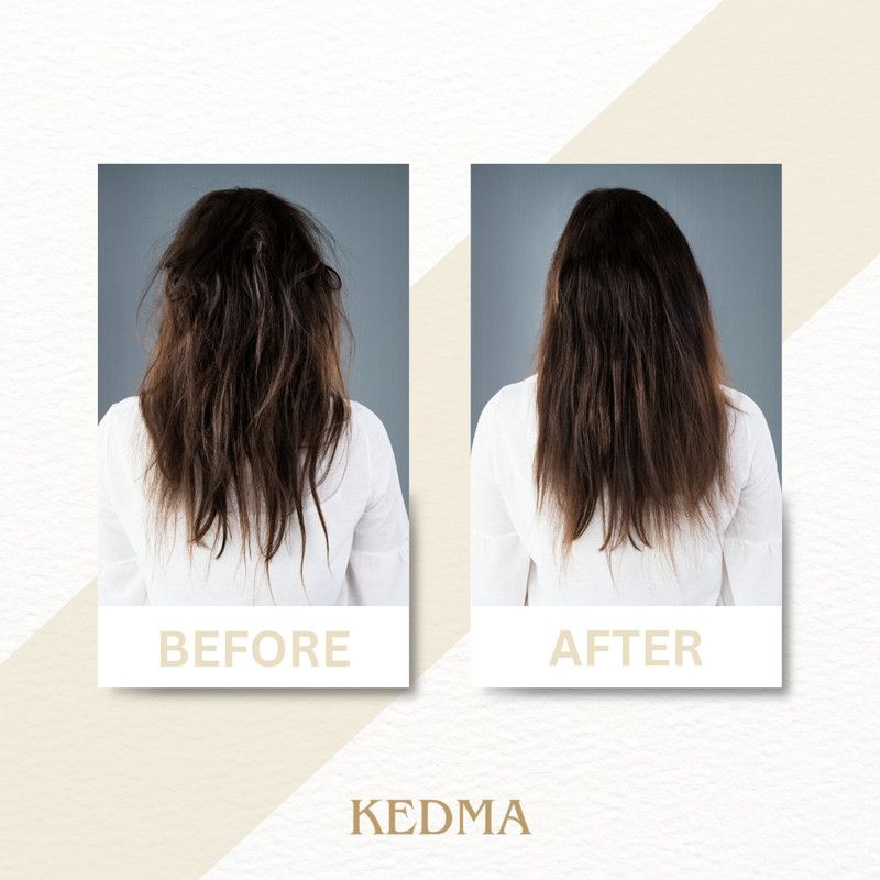 Vorher-Nachher-Vergleich. Links: ungepflegtes Haar. Rechts: gepflegtes Haar. KEDMA Logo.