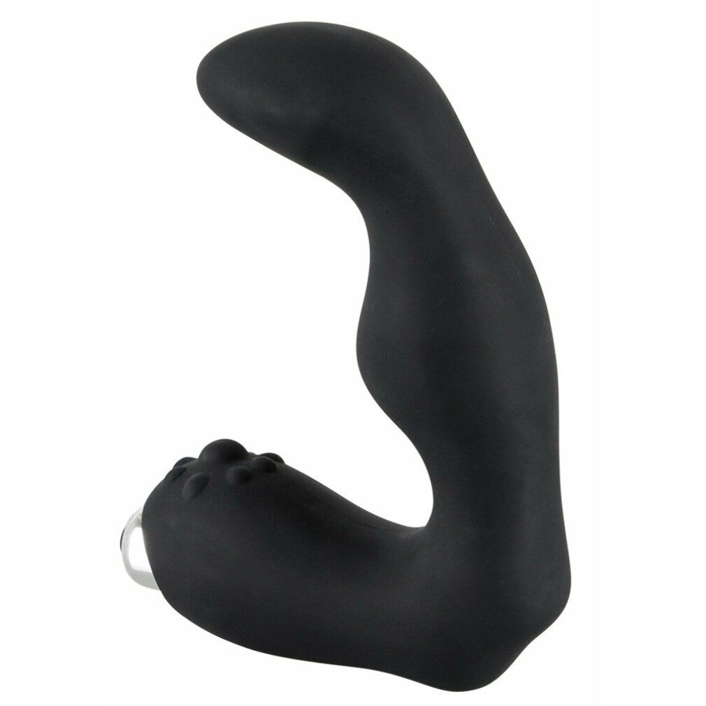 Schwarzer Vibrator mit gebogener Form und metallischem Ende. Oberflächenstruktur am Ende.