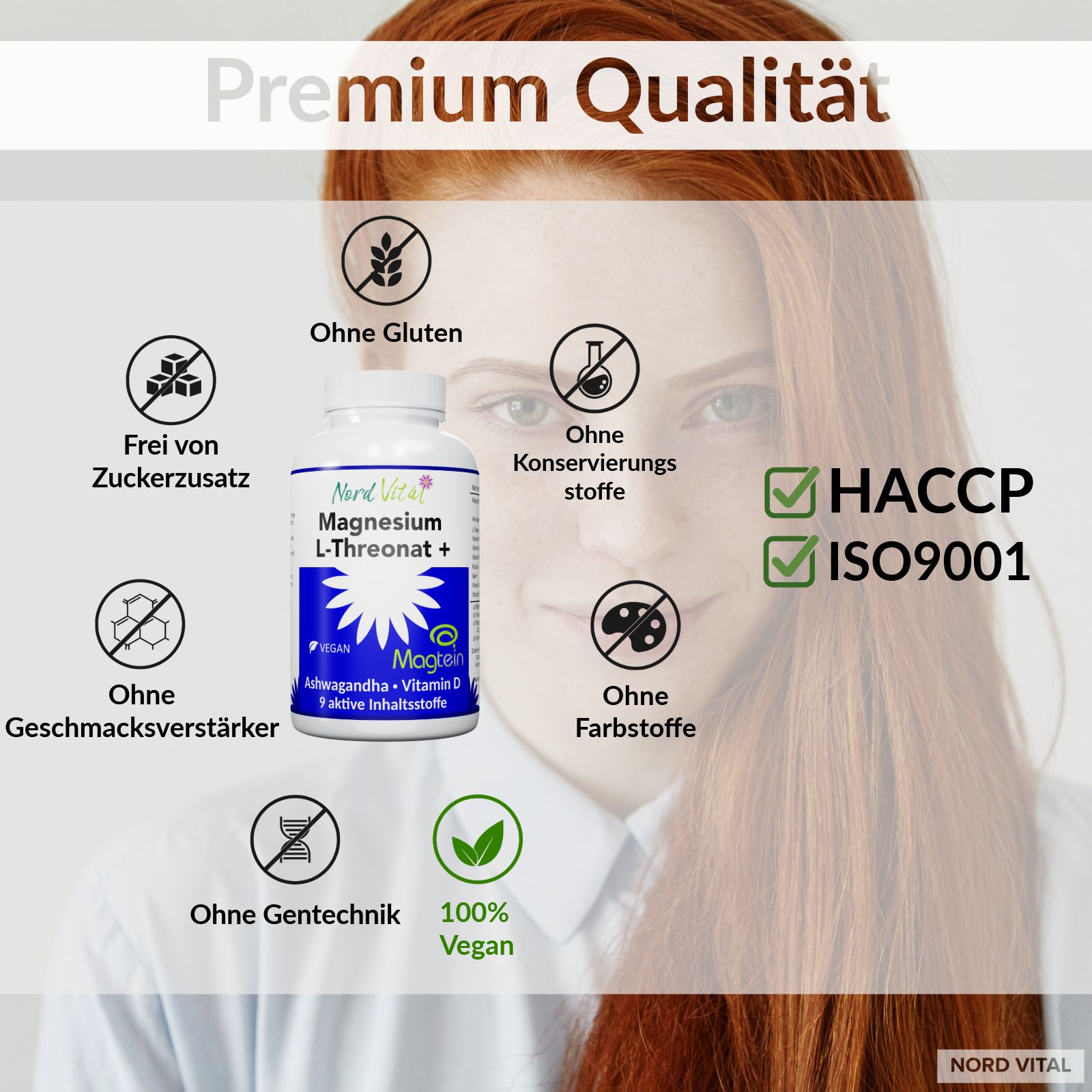 Flasche Nord Vital Magnesium L-Threonat + Vitamin D. Enthält Magnesium L-Threonat, Ashwagandha. Ohne Gluten, Zuckerzusatz, Gentechnik, etc.