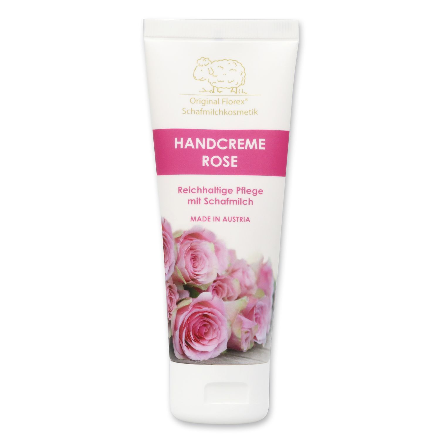 Weiße Tube Handcreme mit rosa Streifen. Aufschrift: Handcreme Rose, Schafmilch. Rosenabbildung. Hergestellt in Österreich.