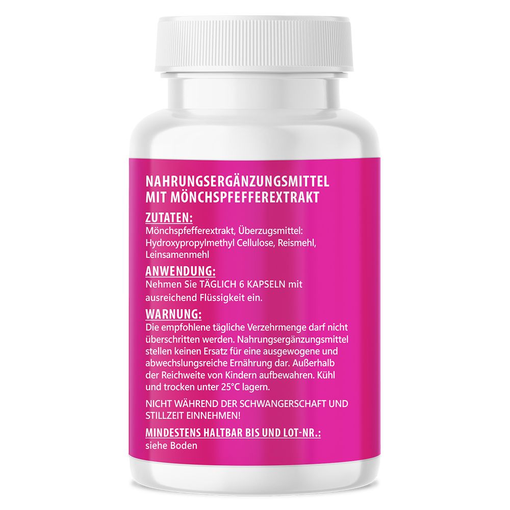 Rückseite der Flasche. Text: Nahrungsergänzungsmittel mit Mönchspfefferextrakt. Zutaten, Anwendung, Warnhinweis. Mindesthaltbarkeit.
