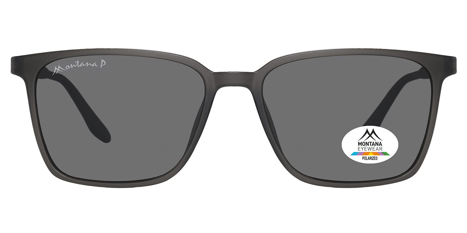 Dunkelgraue Sonnenbrille mit rechteckigen Gläsern. Logo "Montana Eyewear" am Bügel. Aufkleber "Polarized".
