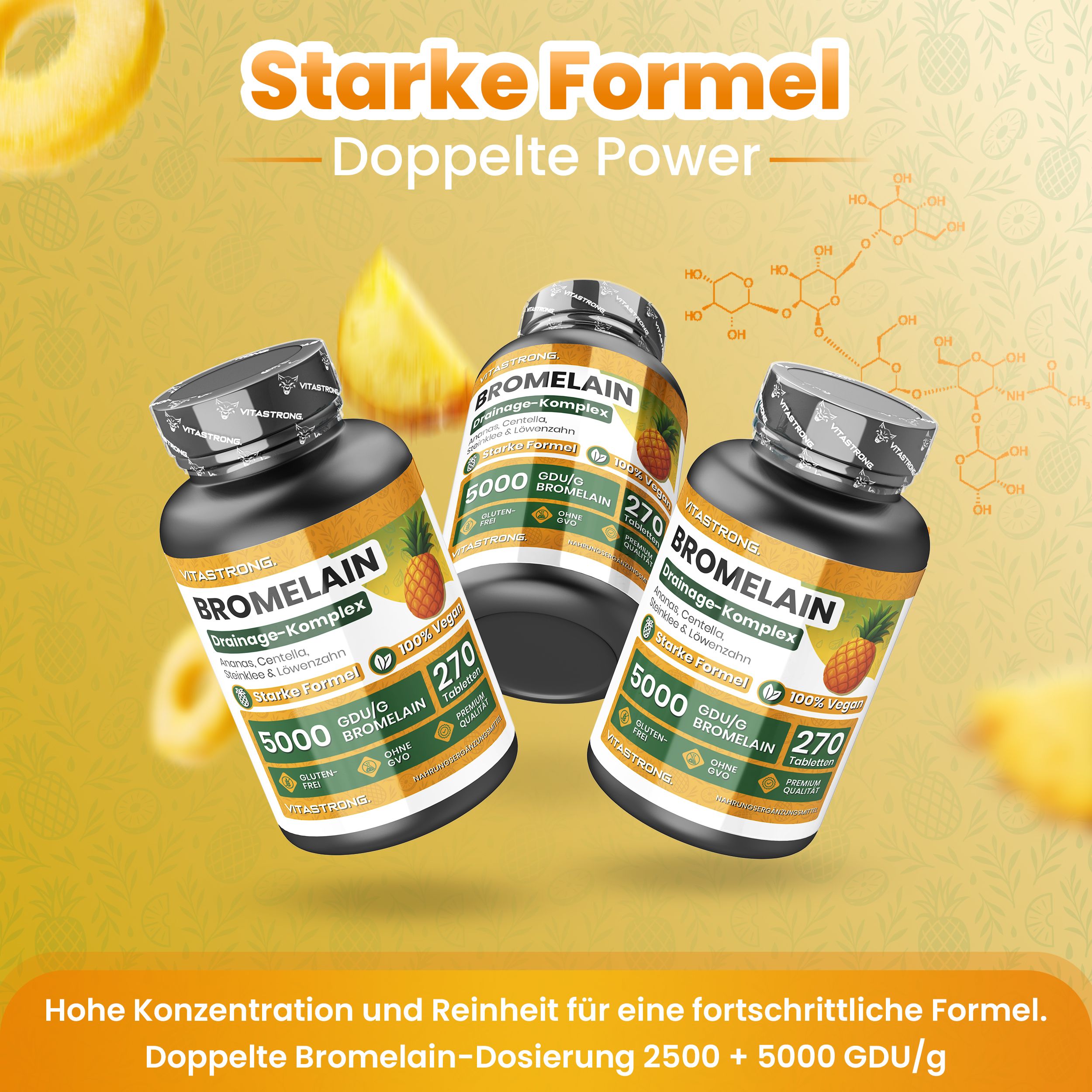 Drei Flaschen Bromelain-Nahrungsergänzungsmittel mit Ananas-Motiv. Etiketten zeigen '5000 GDU/g' und '270 Tabletten'.