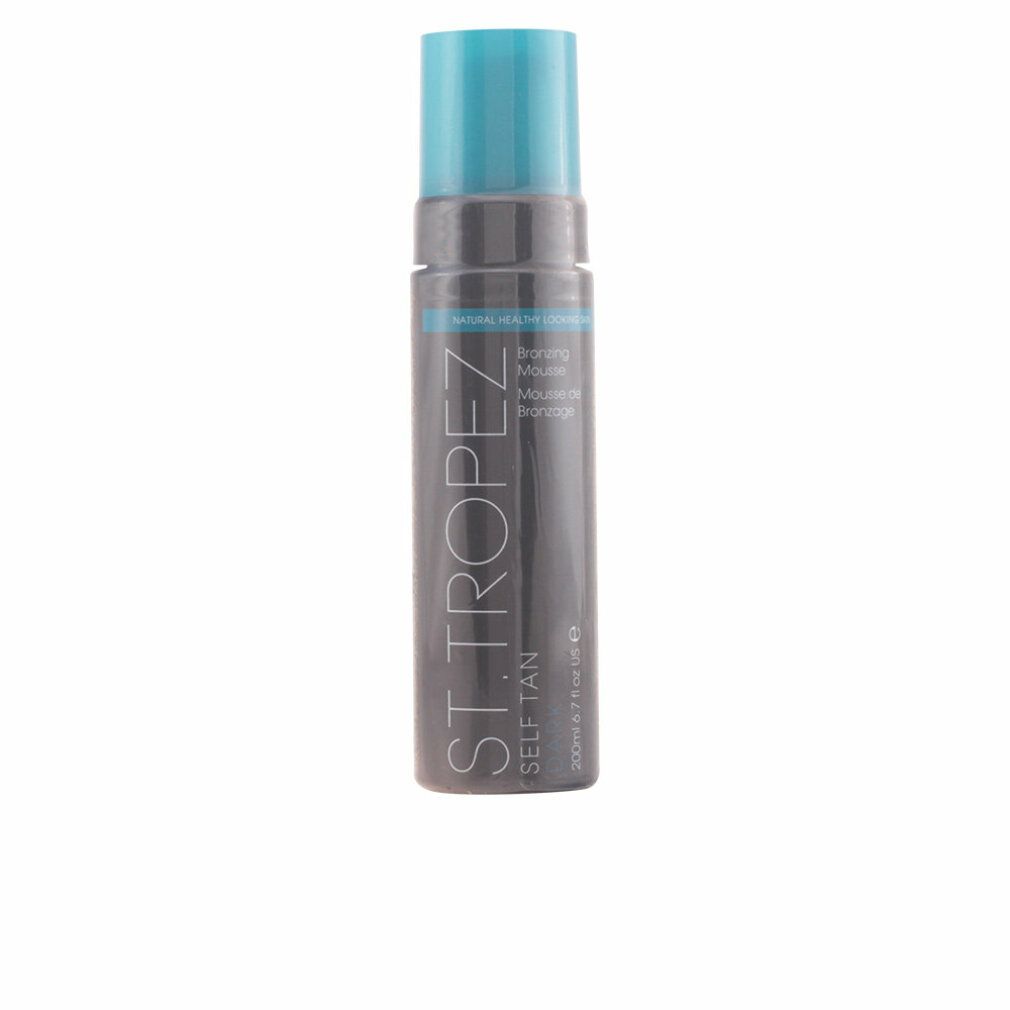 St.Tropez Selbstbräunungs-Mousse, dunkel. Schwarze Flasche mit blauem Deckel. Text: St.Tropez, Self Tan Dark, Bronzing Mousse.