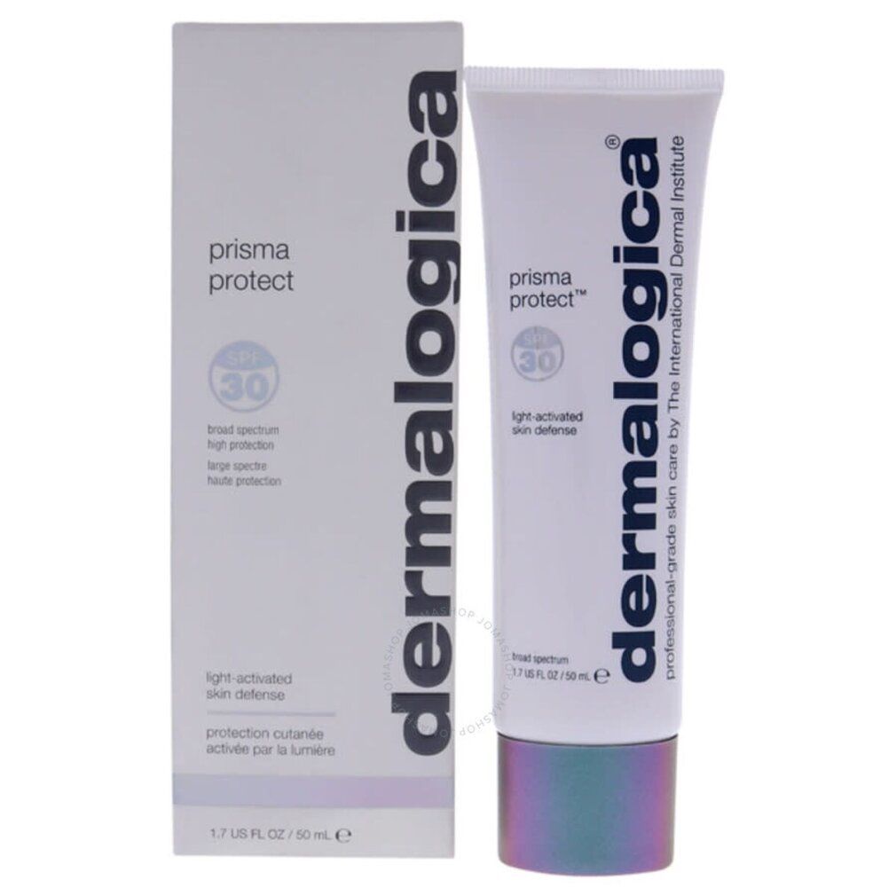 Weiße Verpackung mit Tube. Aufschrift: Dermalogica, Prisma Protect SPF30, light-activated skin defense. Mit SPF30-Logo.