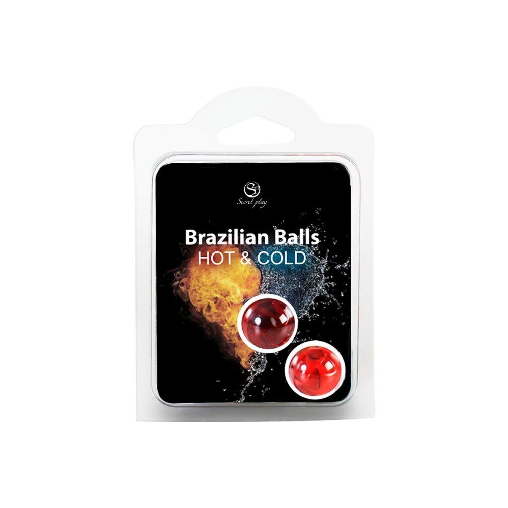 Zwei rote Kugeln in Blisterverpackung, beschriftet mit 'Brazilian Balls HOT & COLD'. Eiswürfel und Flammen-Grafik.