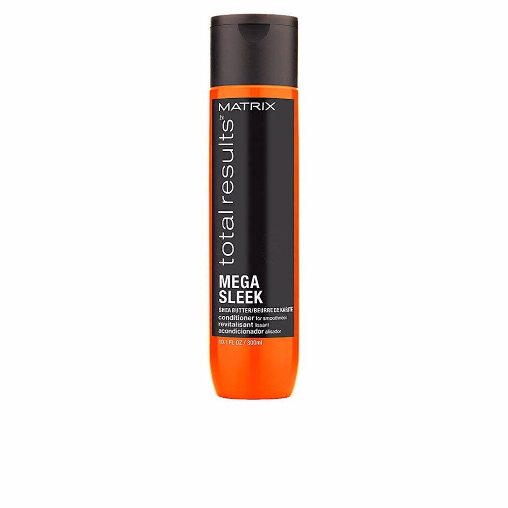 Schwarze Flasche mit orangefarbenem Boden. Aufschrift: Matrix Total Results Mega Sleek Conditioner.