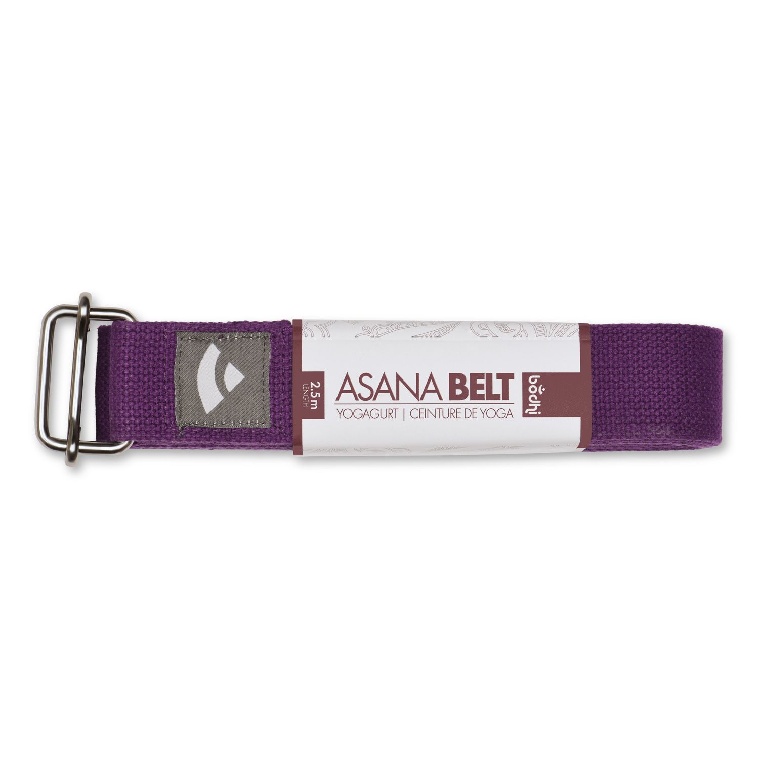 Lila Yogagurt Asana Belt. Stoffband mit Metallschnalle. Aufschrift: ASANA BELT, YOGAGURT, CEINTURE DE YOGA. Marke bodhi.
