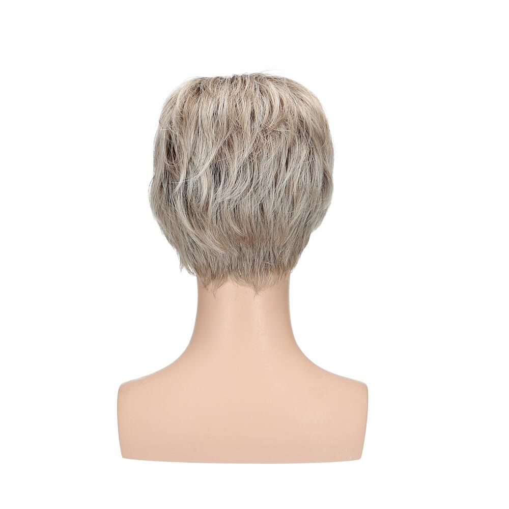 Perücke Lima auf einer Büste. Kurzer, gestufter Schnitt in Blond- und Grautönen. Rückansicht.