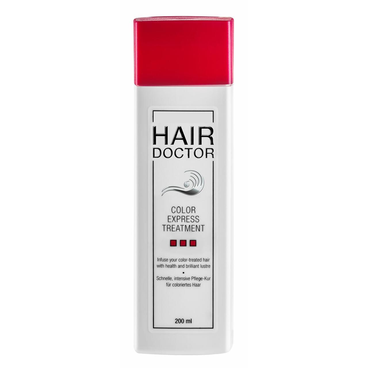 Flasche mit rotem Deckel. Aufschrift: HAIR DOCTOR COLOR EXPRESS TREATMENT. 200 ml.