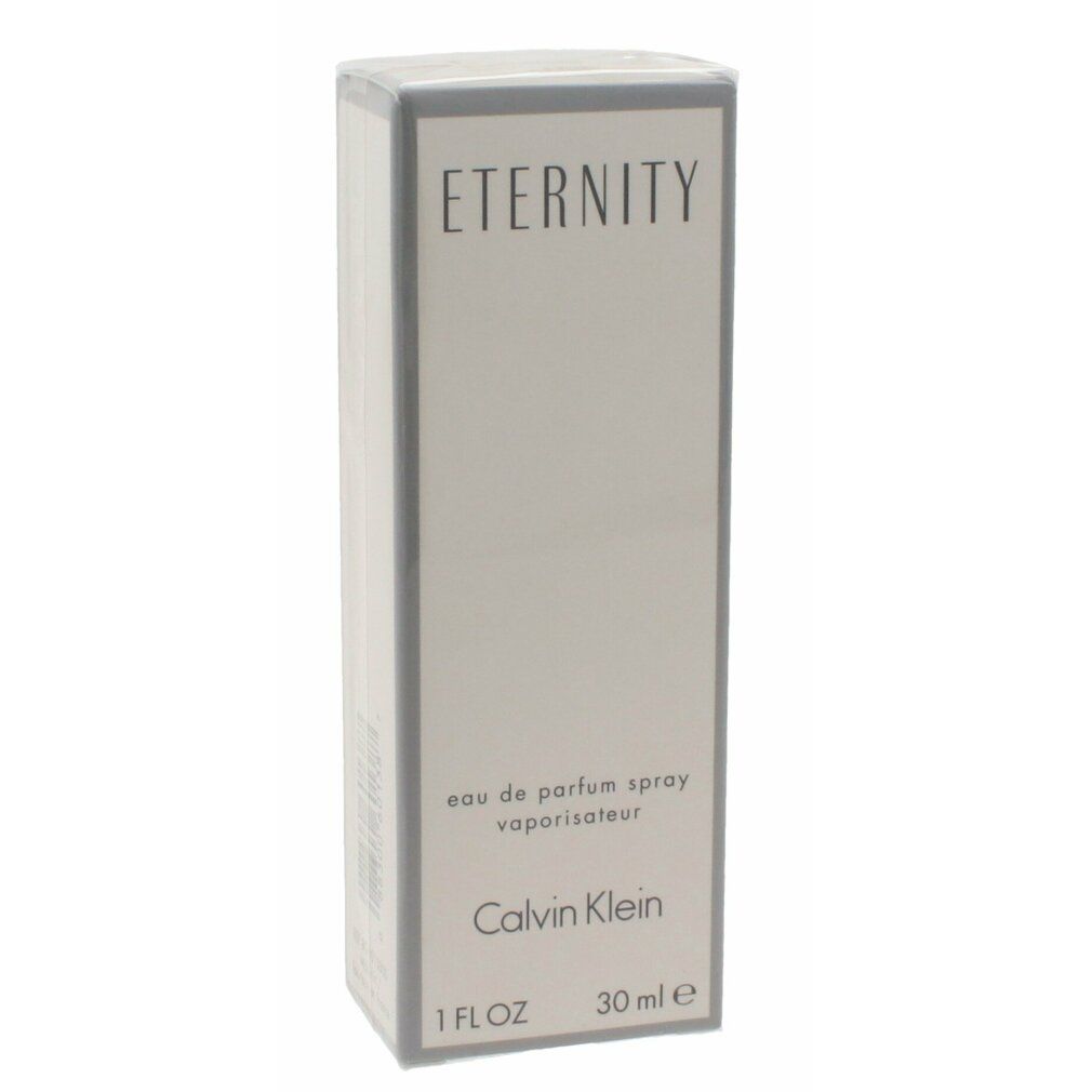 Weiße Schachtel mit Aufschrift ETERNITY, Calvin Klein. 1 FL.OZ. und 30 ml.