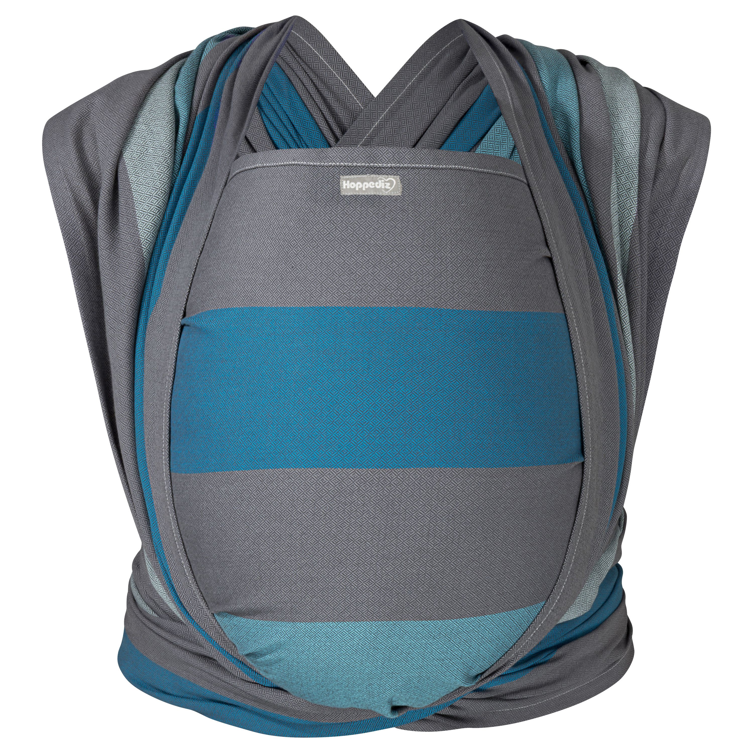 Tragetuch mit blau-grauen Streifen. Gewebtes Tuch mit Logo-Label. Ansicht von vorne.
