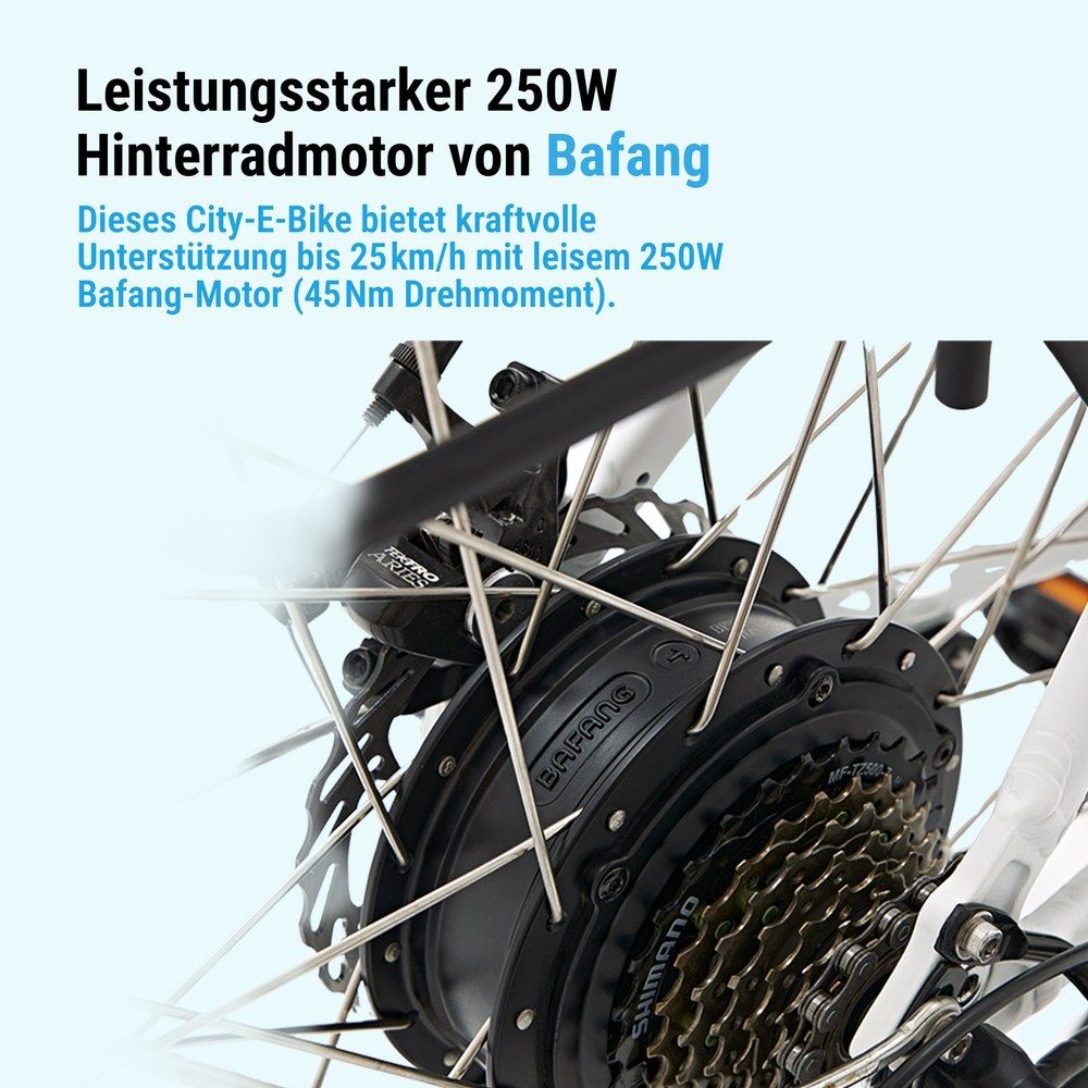Nahaufnahme des Hinterradnabenmotors (250W Bafang) eines E-Bikes mit Shimano-Kassette.