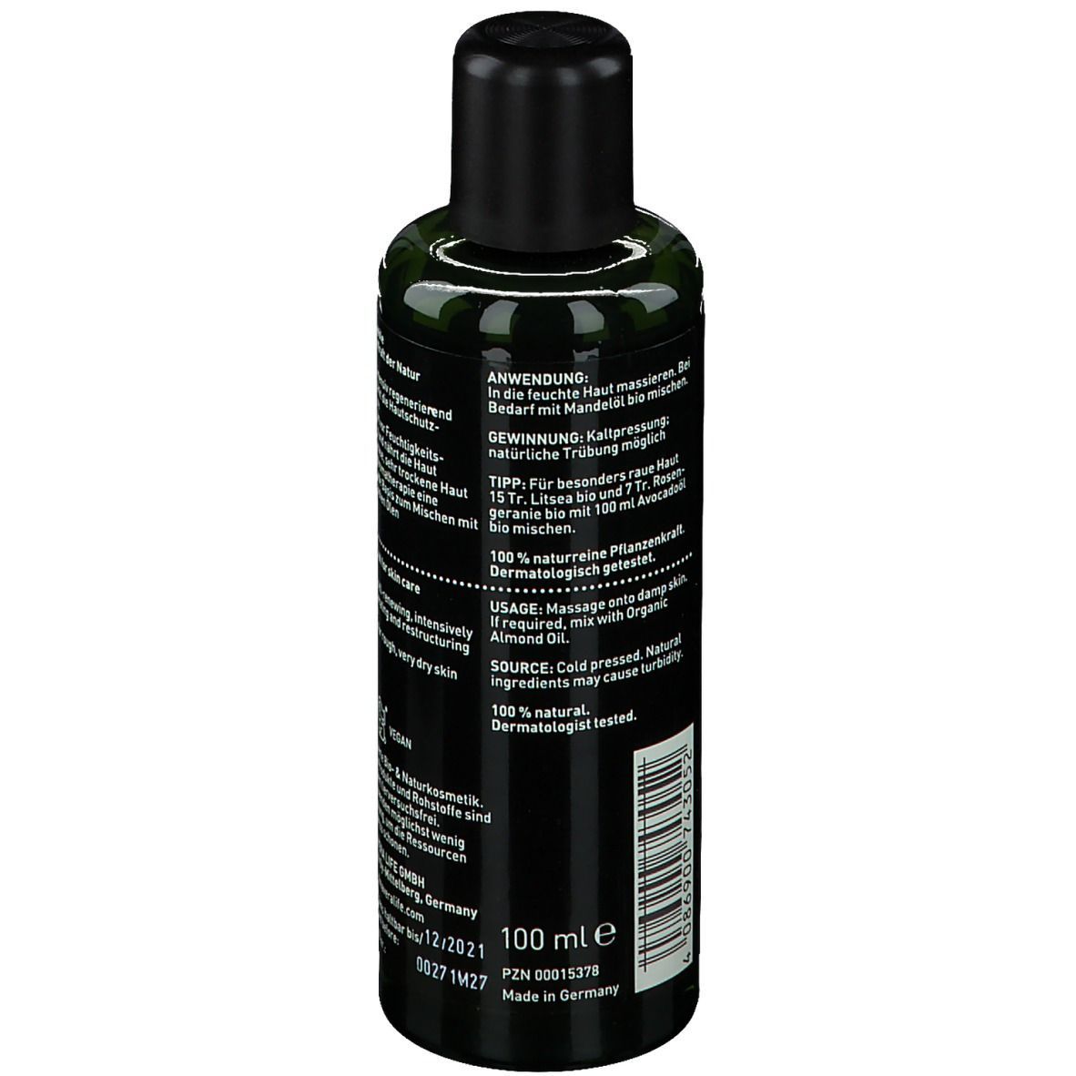 Rückseite der PRIMAVERA® Avocadoöl BIO Flasche. Text in Deutsch und Englisch. 100 ml. Made in Germany.
