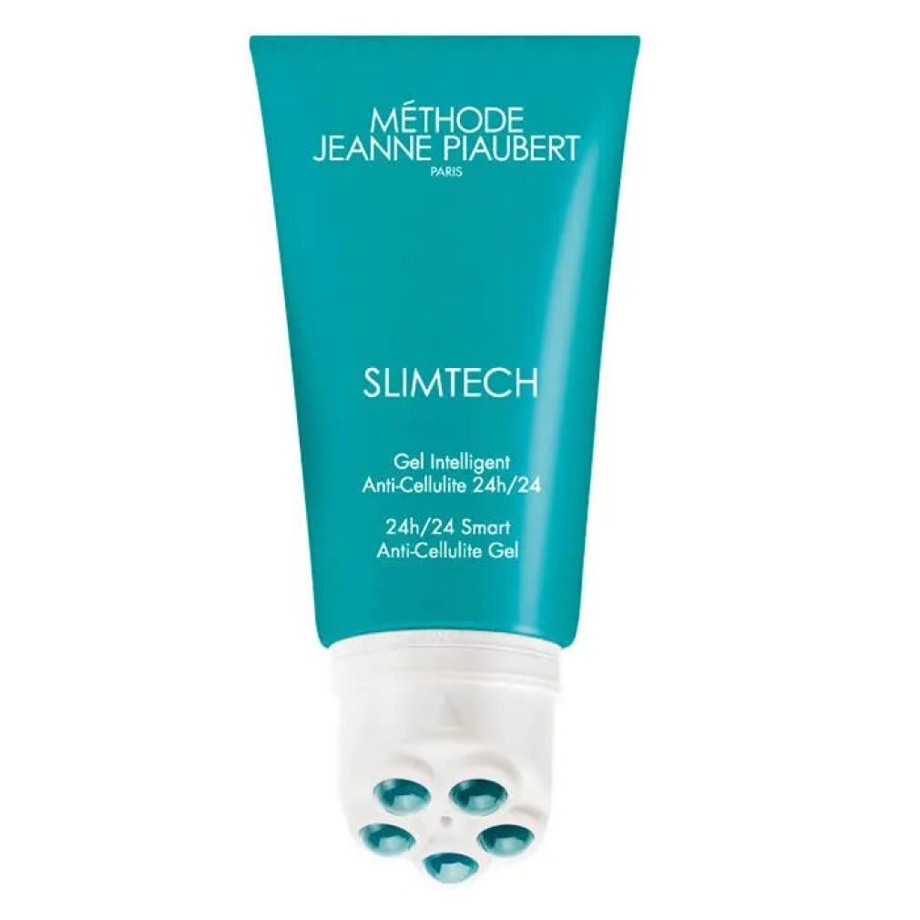 Türkis Tube mit weißem Applikator. Aufschrift: Slimtech, Gel Anti-Cellulite 24h/24. Marke: Jeanne Piaubert.
