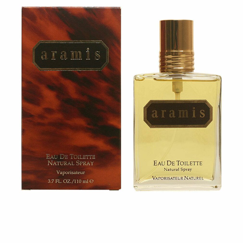 Aramis Classic Edt Spray. Flakon und Verpackung. Rechteckiger Flakon mit goldfarbenem Verschluss. Verpackung mit braunem Muster.