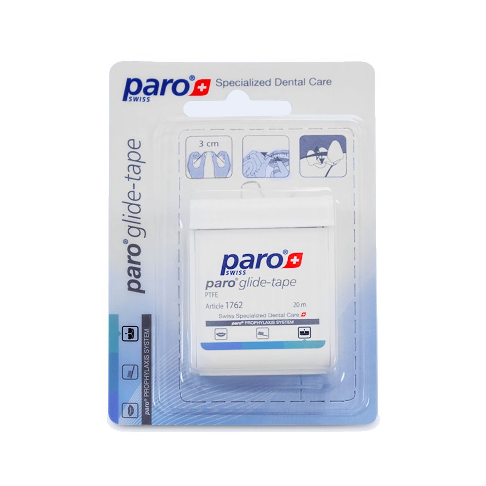 Verpackung Paro glide-tape Zahnseide, 20m PTFE, mit Abbildungen zur Anwendung.