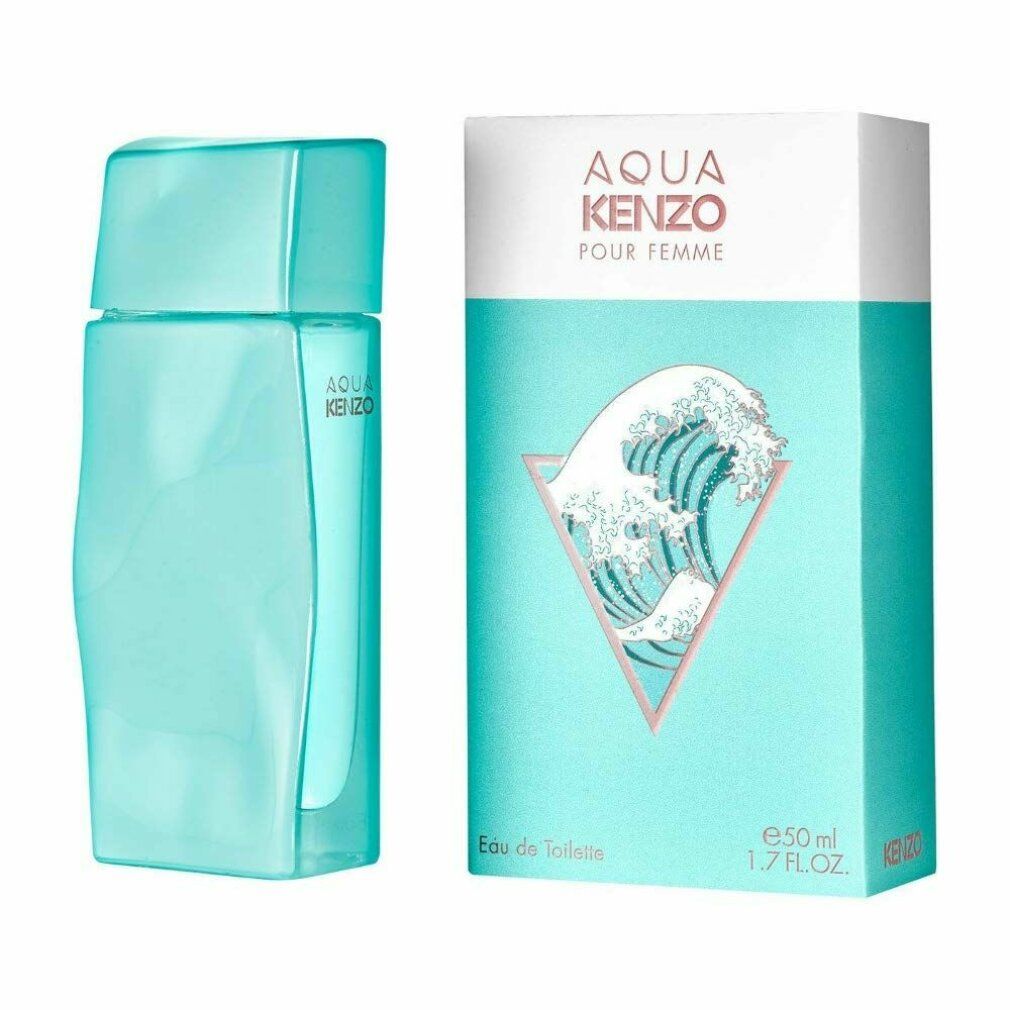Türkisfarbener Flakon und Schachtel. Auf der Schachtel steht "AQUA KENZO POUR FEMME" und ein Wellen-Design. Flakon mit Deckel.