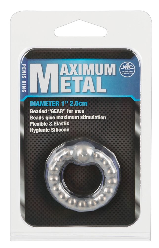 Verpackung mit Maximum Metal Ring. Durchmesser 2,5 cm. Perlen für Männer. Flexible, elastische und hygienische Silikon.