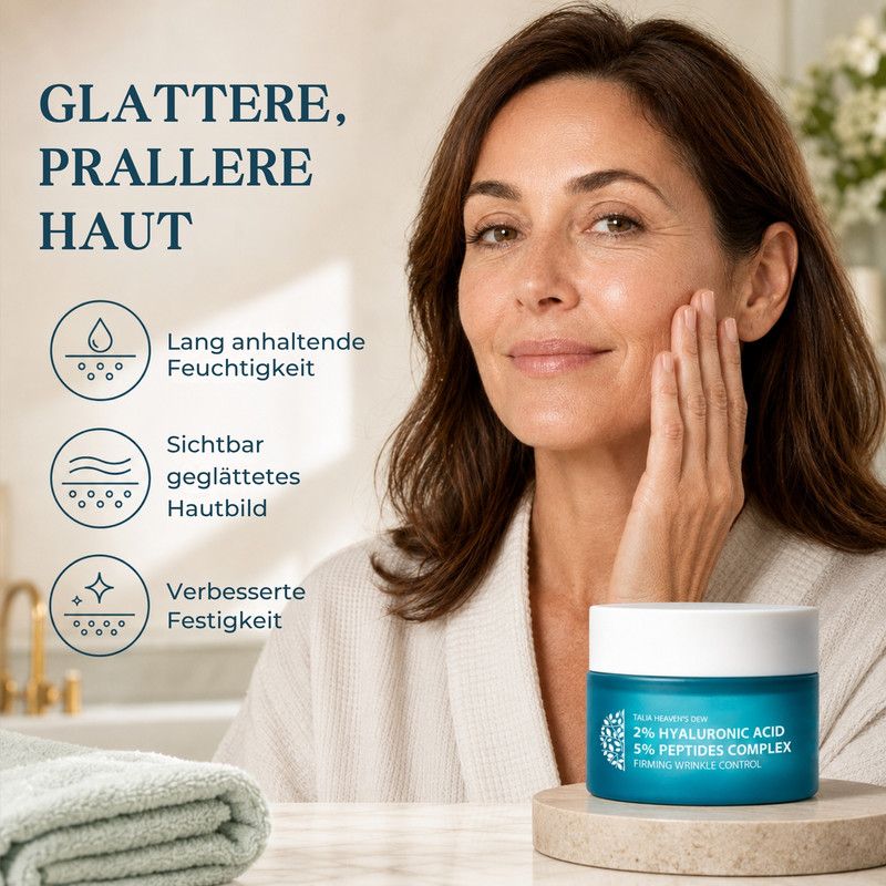 Frau mit strahlender Haut neben einem Tiegel mit Hyaluronsäure-Peptid-Creme.