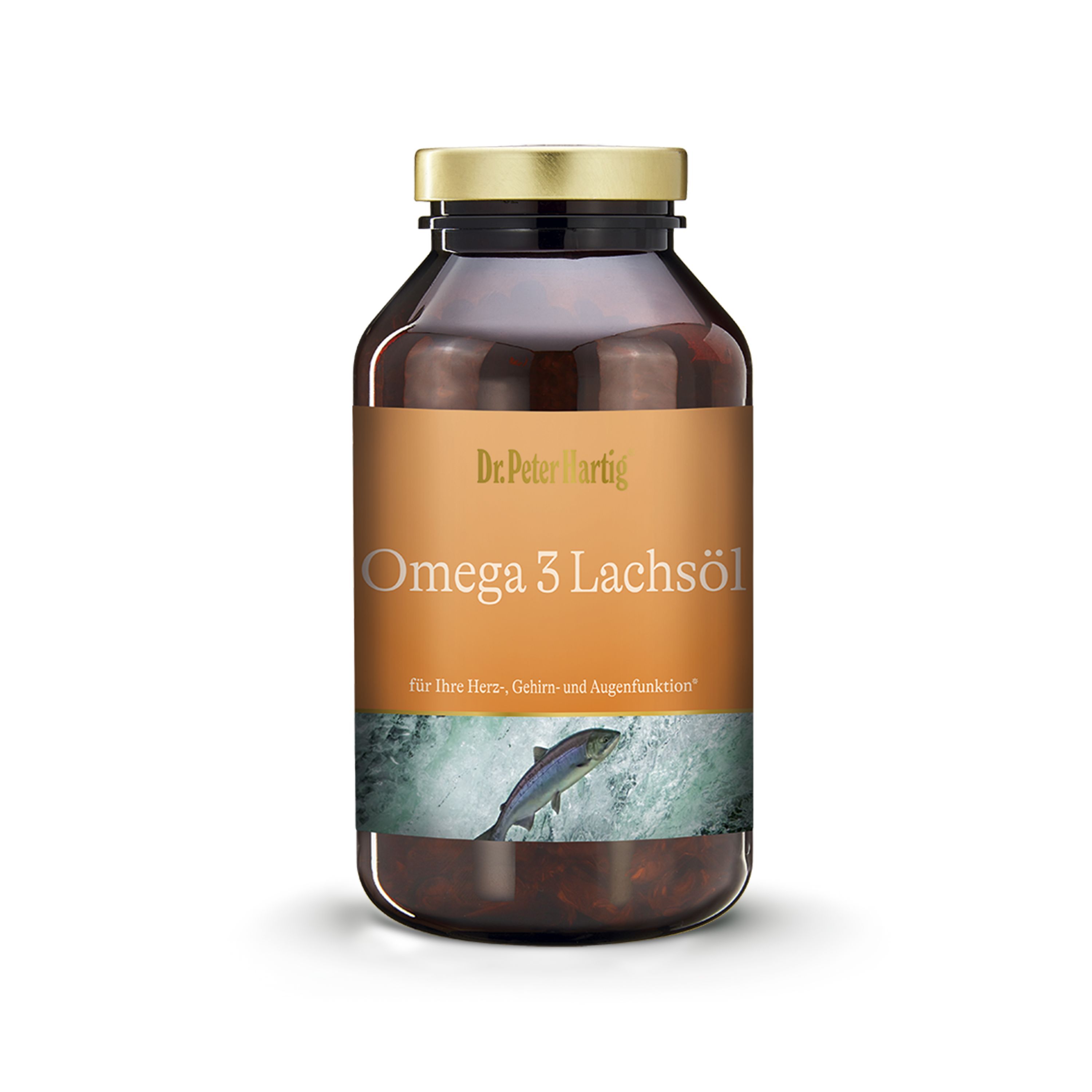 Braune Glasflasche mit goldfarbenem Deckel. Etikett mit Produktname: Omega 3 Lachsöl. Fisch-Illustration.