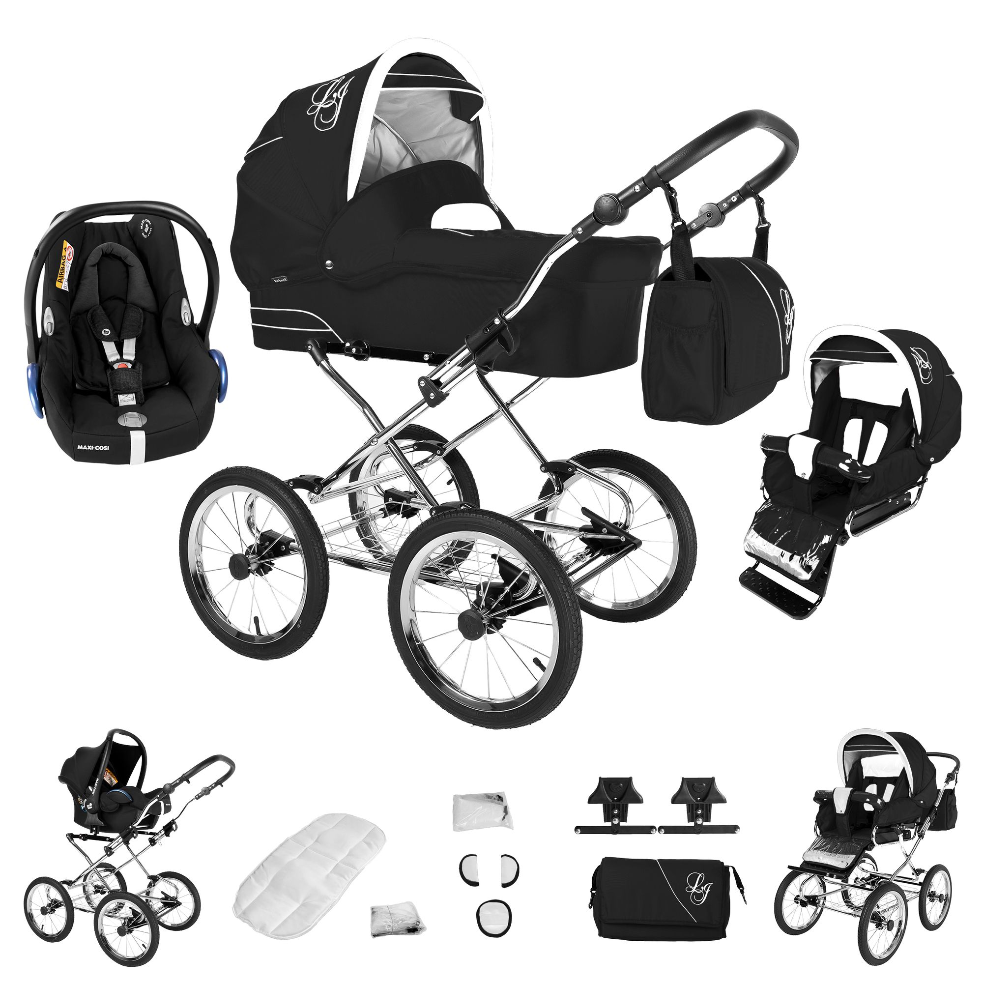 Schwarzer Kinderwagen mit silbernem Gestell, Maxi Cosi, Tragetasche und Zubehör. Logo auf Tasche.