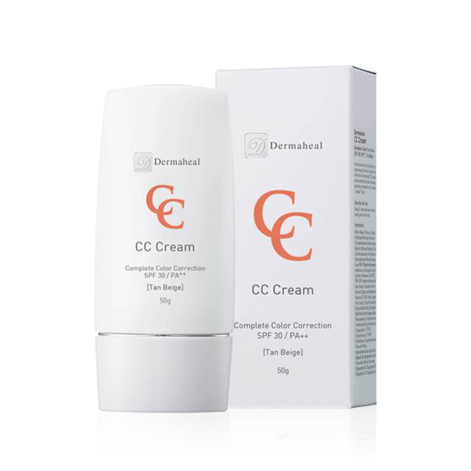 Weiße Tube und Schachtel mit Aufschrift "Dermaheal CC Cream". Text: Complete Color Correction, SPF 30/PA++, Tan Beige, 50g.