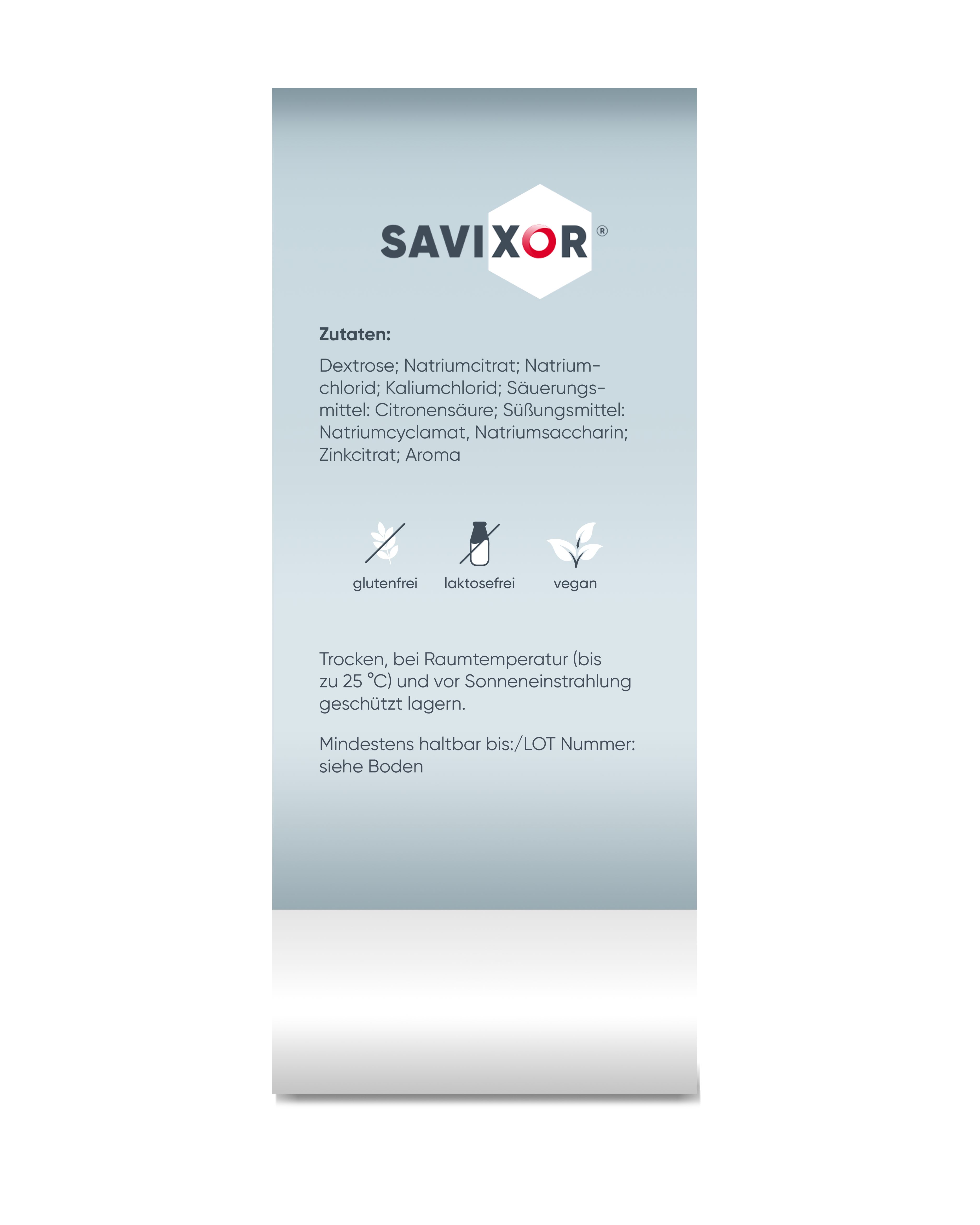 Savixor-Produkt. Rückseite der Verpackung mit Zutatenliste und Lagerhinweisen. Text in deutscher Sprache.