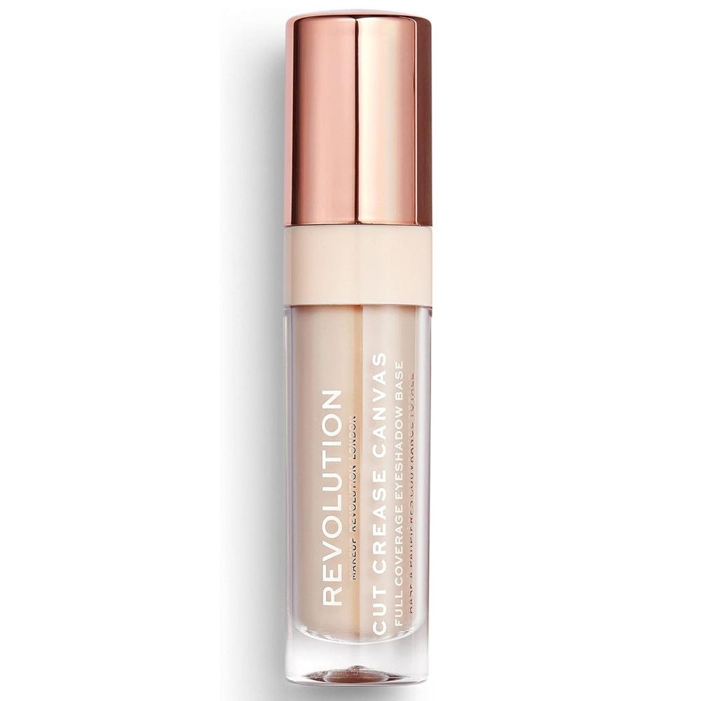 Makeup Revolution Cut Crease Canvas Lidschatten-Grundierung. Eine transparente Flasche mit beiger Grundierung. Auf der Flasche steht "REVOLUTION CUT CREASE CANVAS". Die Flasche hat einen roségoldfarbenen Deckel.